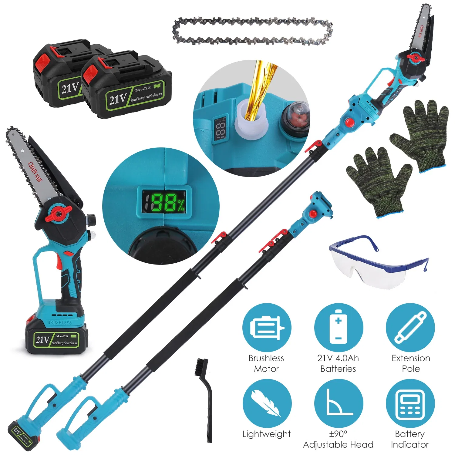 Extendable Cordless Pole Saw (5.3-7.4FT, Reach 13FT), 2-in-1 Handheld Chainsaw with ±90° Adjustable Head, Brushless Motor for High Tree Limbs Trimming photo 1