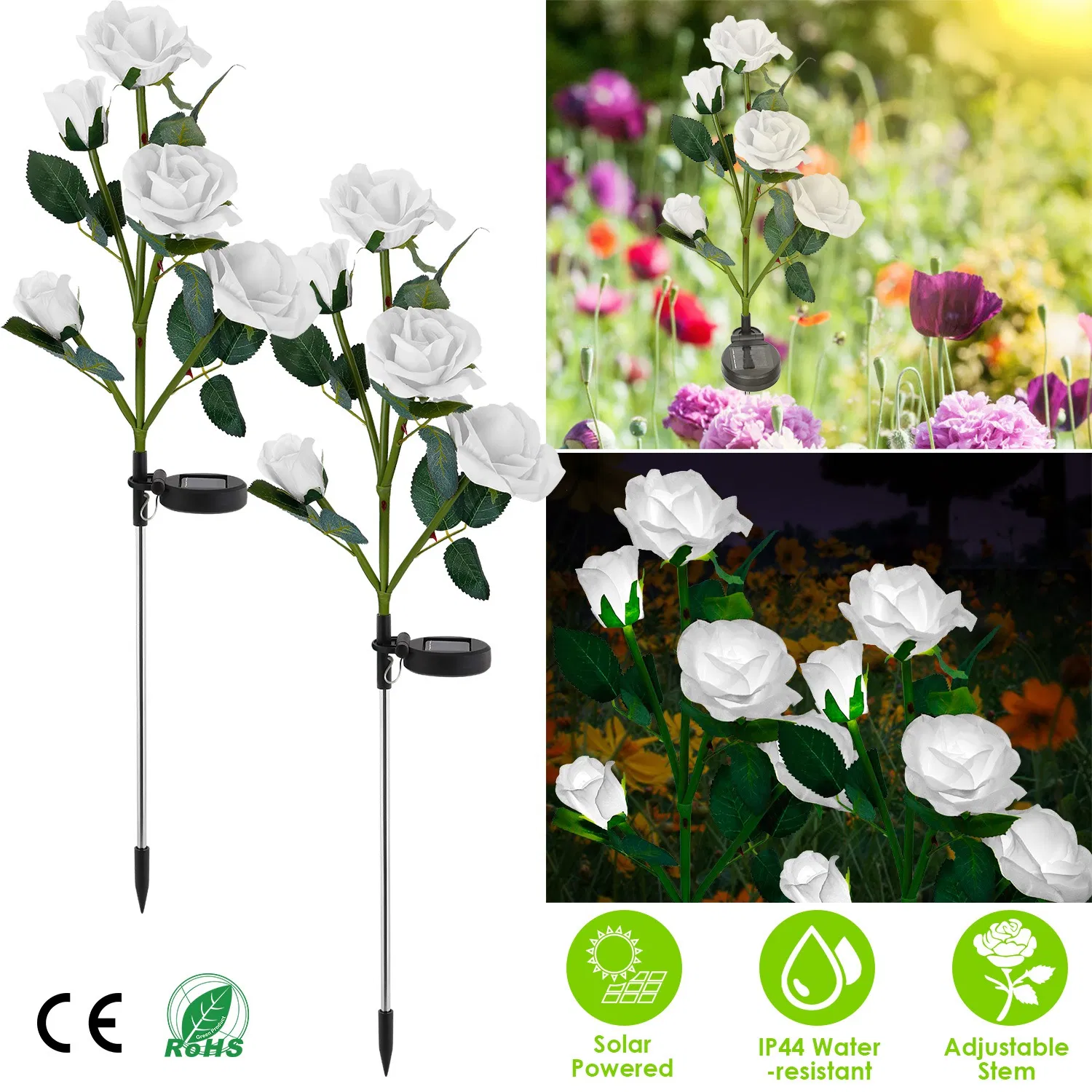 2Pcs Solar Powered Lights Outdoor Rose Flower LED Decorative Lamp Water Resistant Pathway Stake Lights For Garden Patio Yard Walkway photo 1