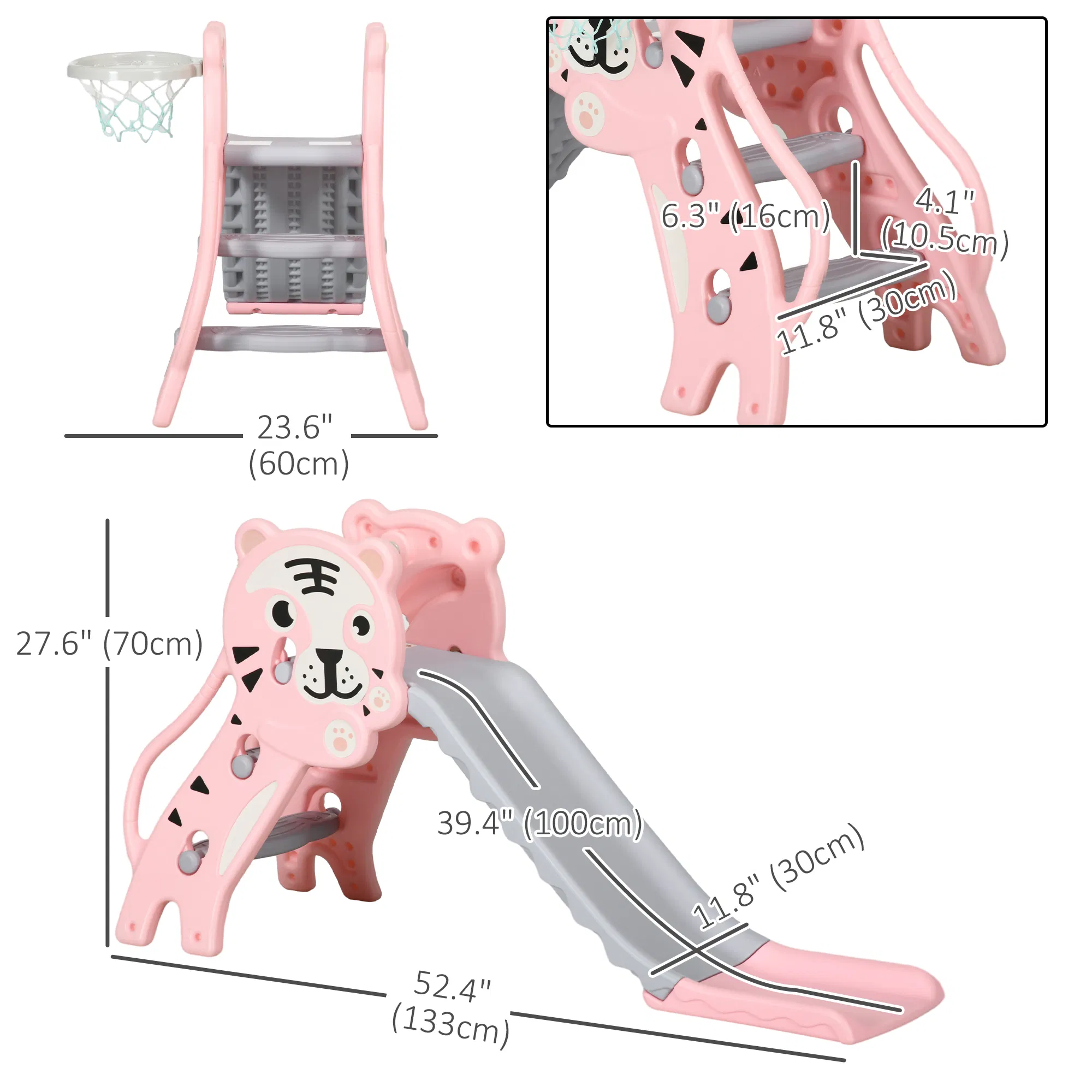3 in 1 Slide for Toddlers, Kids Slide Playset with Basketball Hoop, Climber, for 18-36 Months, Pink photo 5