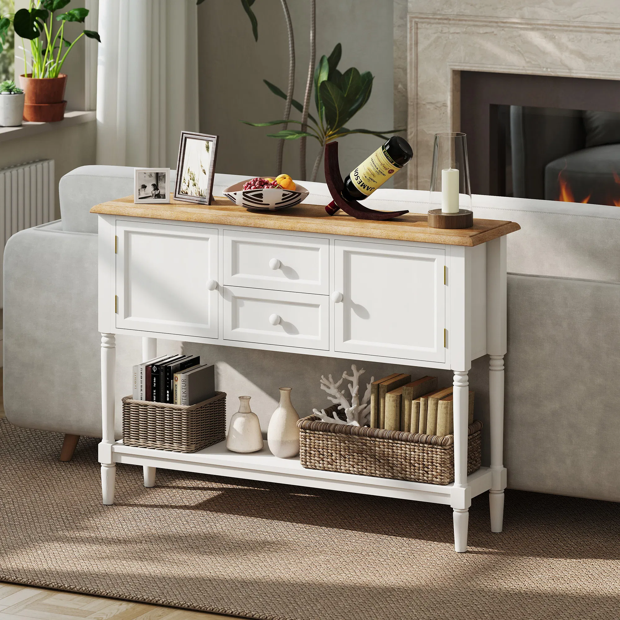 Vintage Console Table with 2 Drawers and Cabinets, Retro Sofa Table for Entryway, Living Room and Bedroom, White photo 5