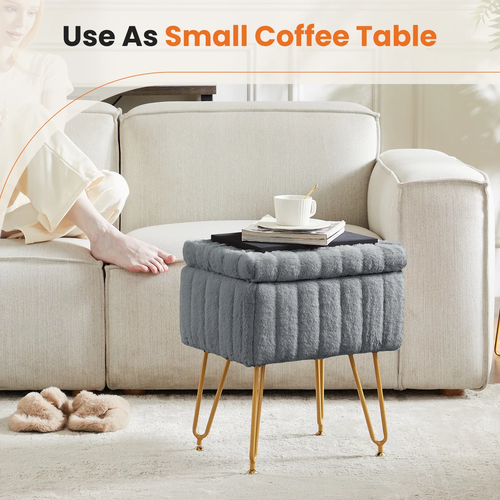 Vanity Stool Chair with Storage, Ottoman Faux Fur Soft Padded Makeup Footstools Seat with 4 Metal Legs Anti-Slip Adjustable Feet Modern photo 4