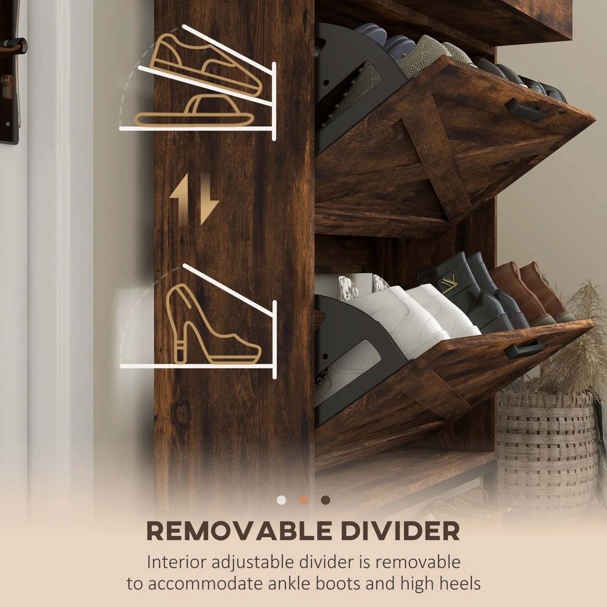 Slim Shoe Storage with 2 Flip Drawers and Adjustable Shelves Shoe Cabinet Organizer for 12 Pair, Rustic Brown photo 6
