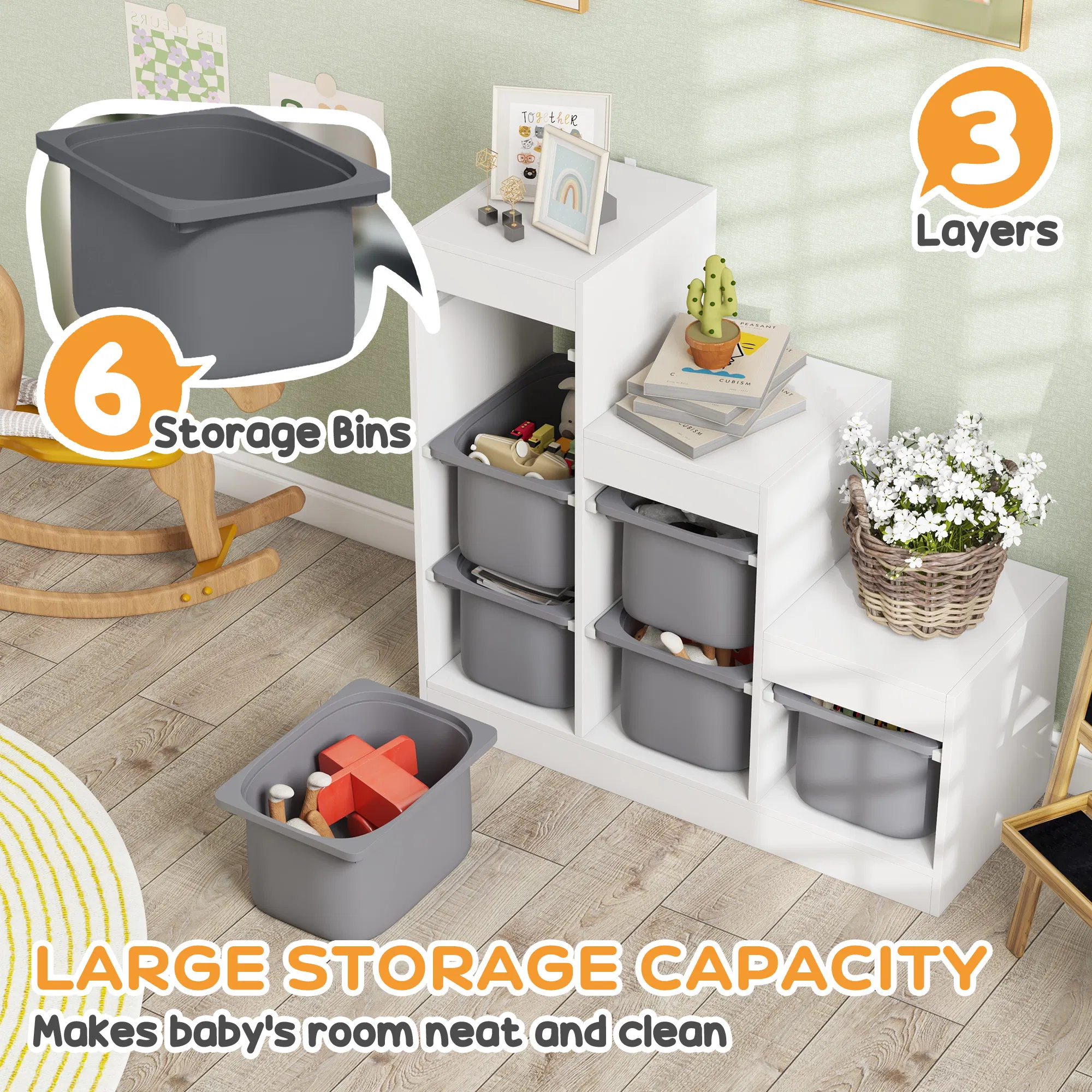 3 Layers Toy Storage Organizer Kids Bookshelf Children Toy Storage w/ 6 Plastic Bins, White photo 2