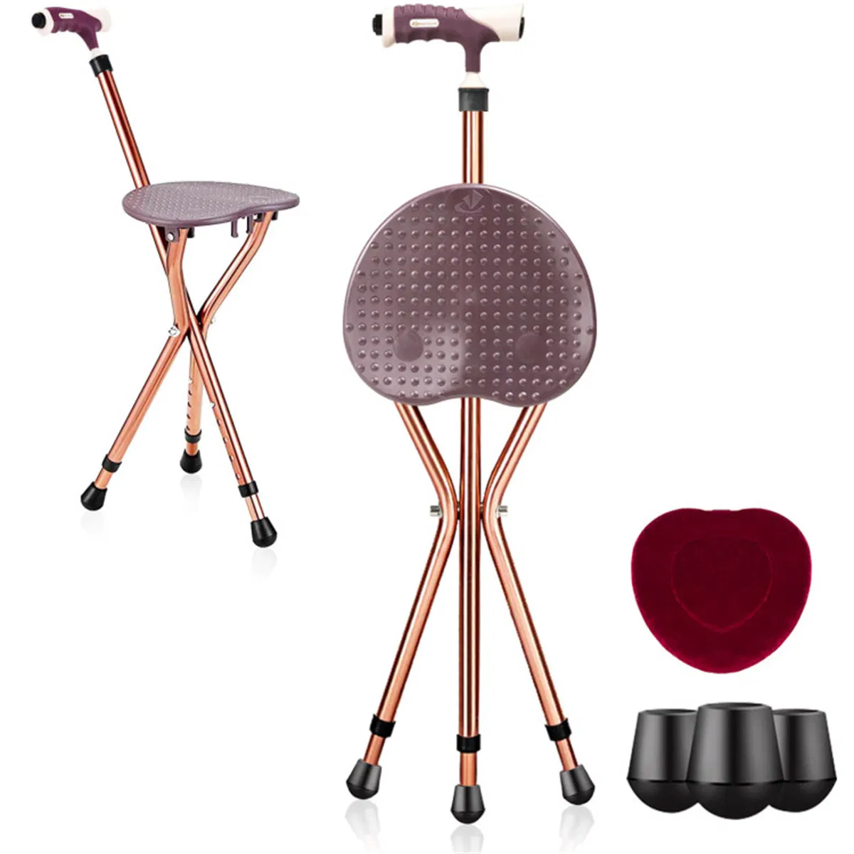 Folding Seat Cane (220lbs): 5-Level Height Adjust, LED Light, Anti-Slip Pads, Aluminum Alloy, Bonus Cushion/3 Foot Pads for Elder-Brown photo 1