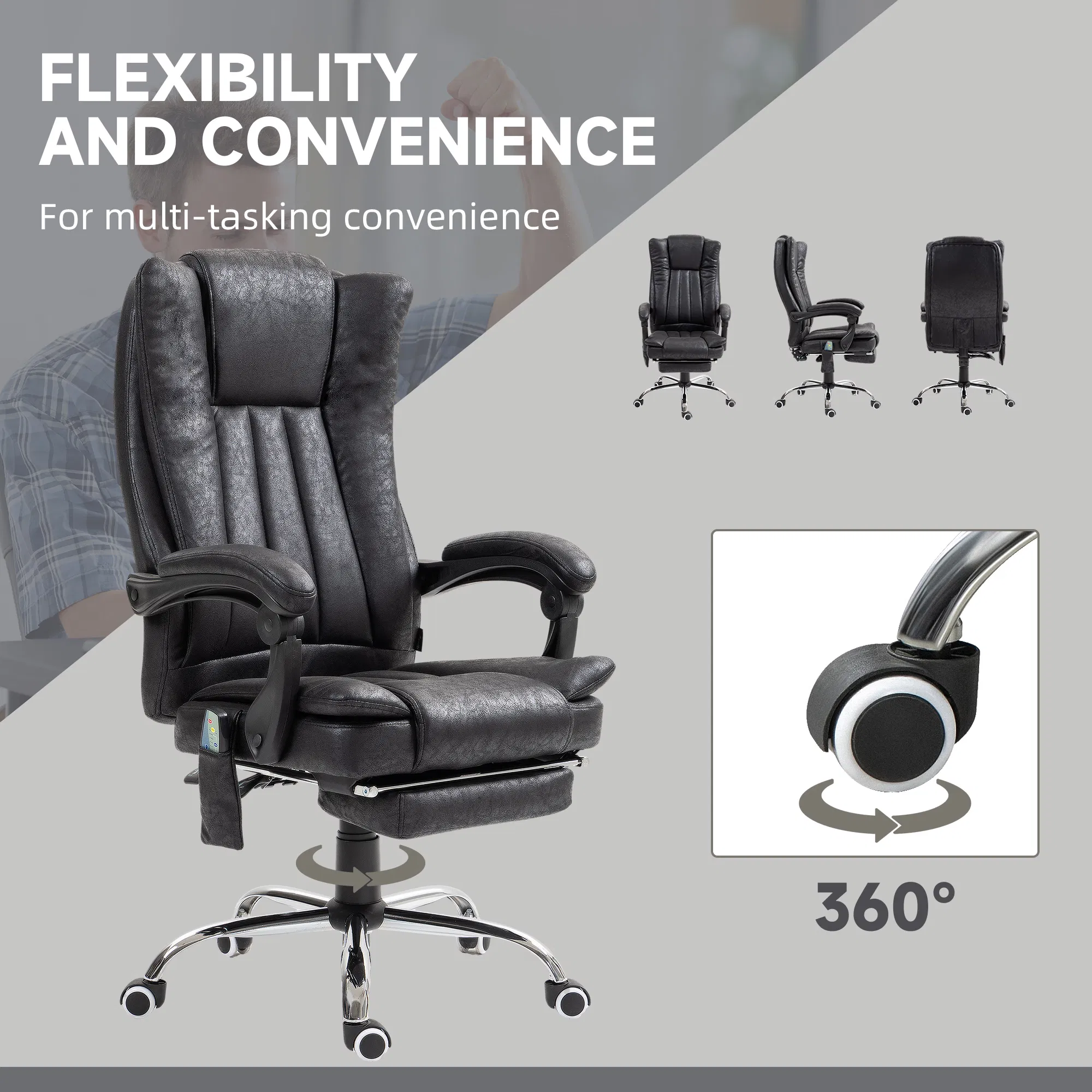 Office Chair 6-point Vibration Massage Chair Micro Fiber Recliner with Retractable Footrest Black photo 4