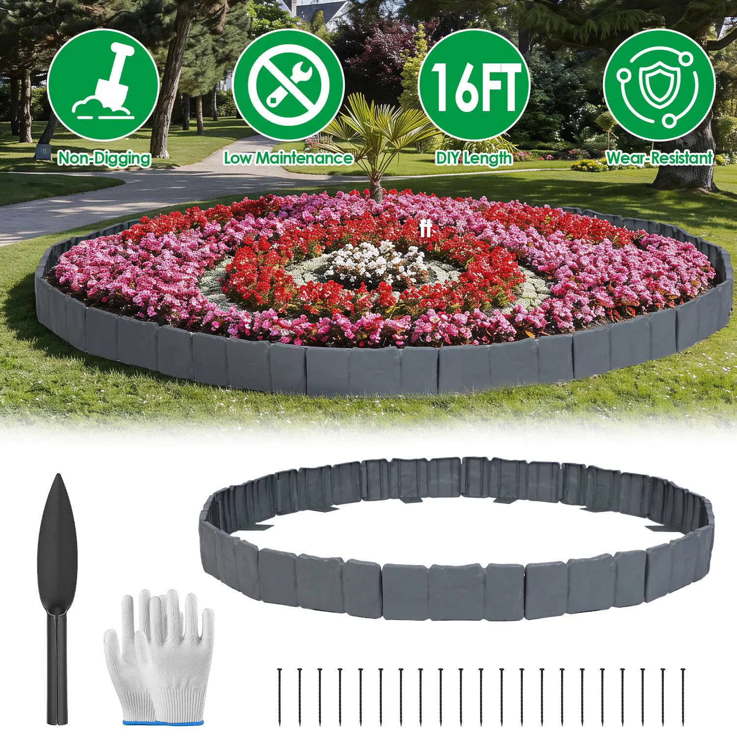 Flexible Cobblestone Landscape Edging, Weather Resistant PVC Garden Border Edging with Spikes & Shovel, Interlocking No Dig Lawn Edging for Yard Flower Bed Pathway photo 1