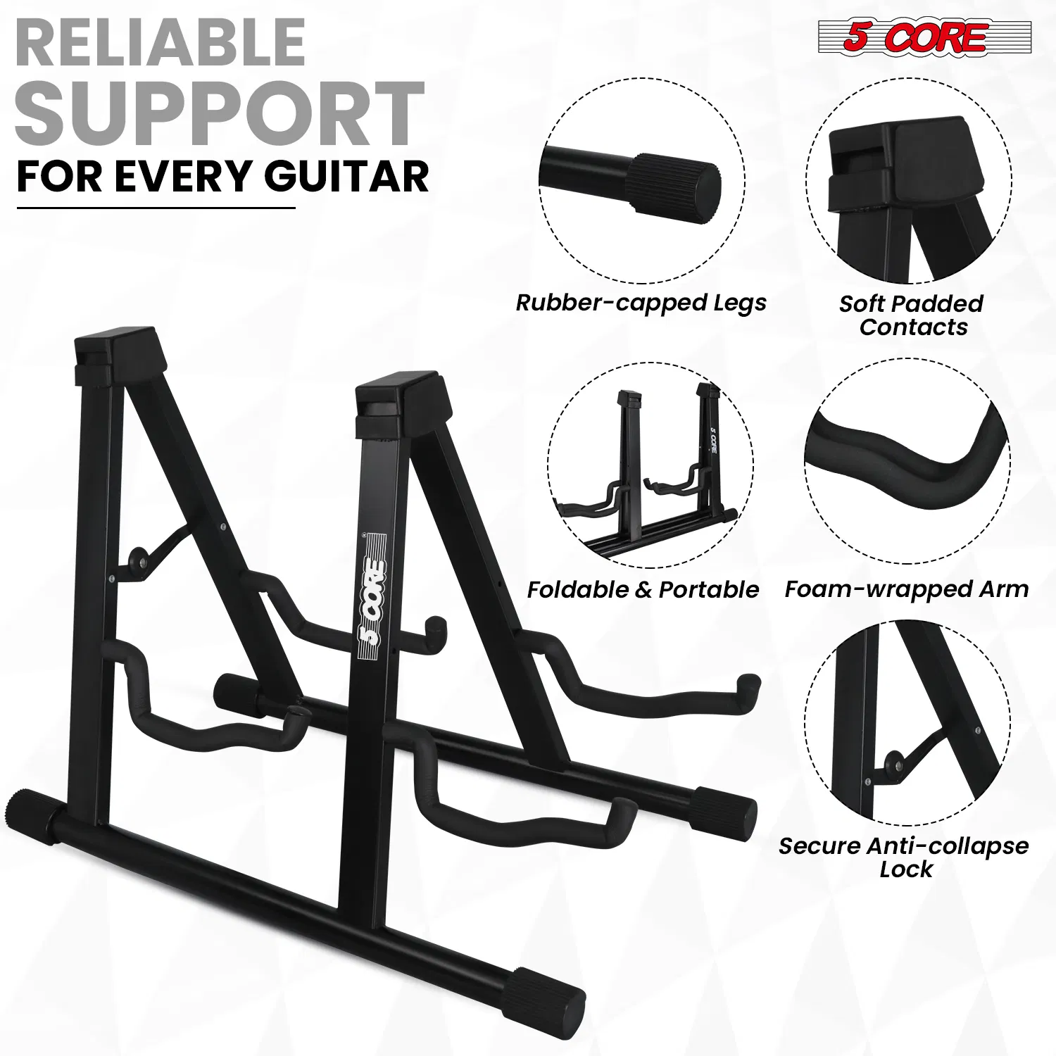 5 CORE Double Guitar Stand Floor Adjustable Heavy Duty A Frame Universal Folding Acoustic Electric Bass Mandolin Banjo Violin Holder Multiple Folding Stands For On Stage Studio Easy Assembly photo 2