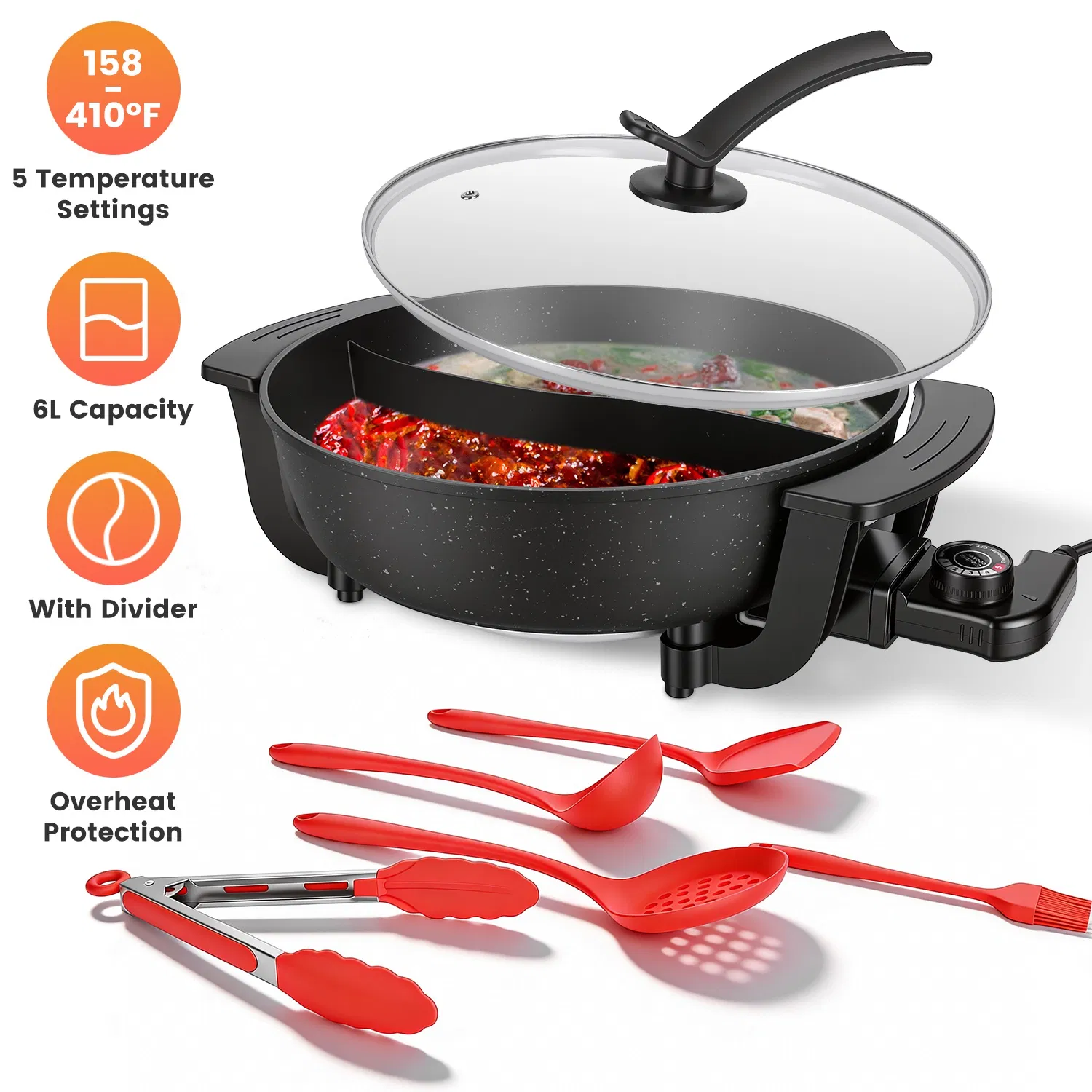 6L Electric Hot Pot with Divider 1100W Dual-Flavor Pot Shabu Shabu Pot Non-Stick with 5-Temp Control for Shabu Shabu Fondue Perfect for Family Gatherings & Parties photo 1
