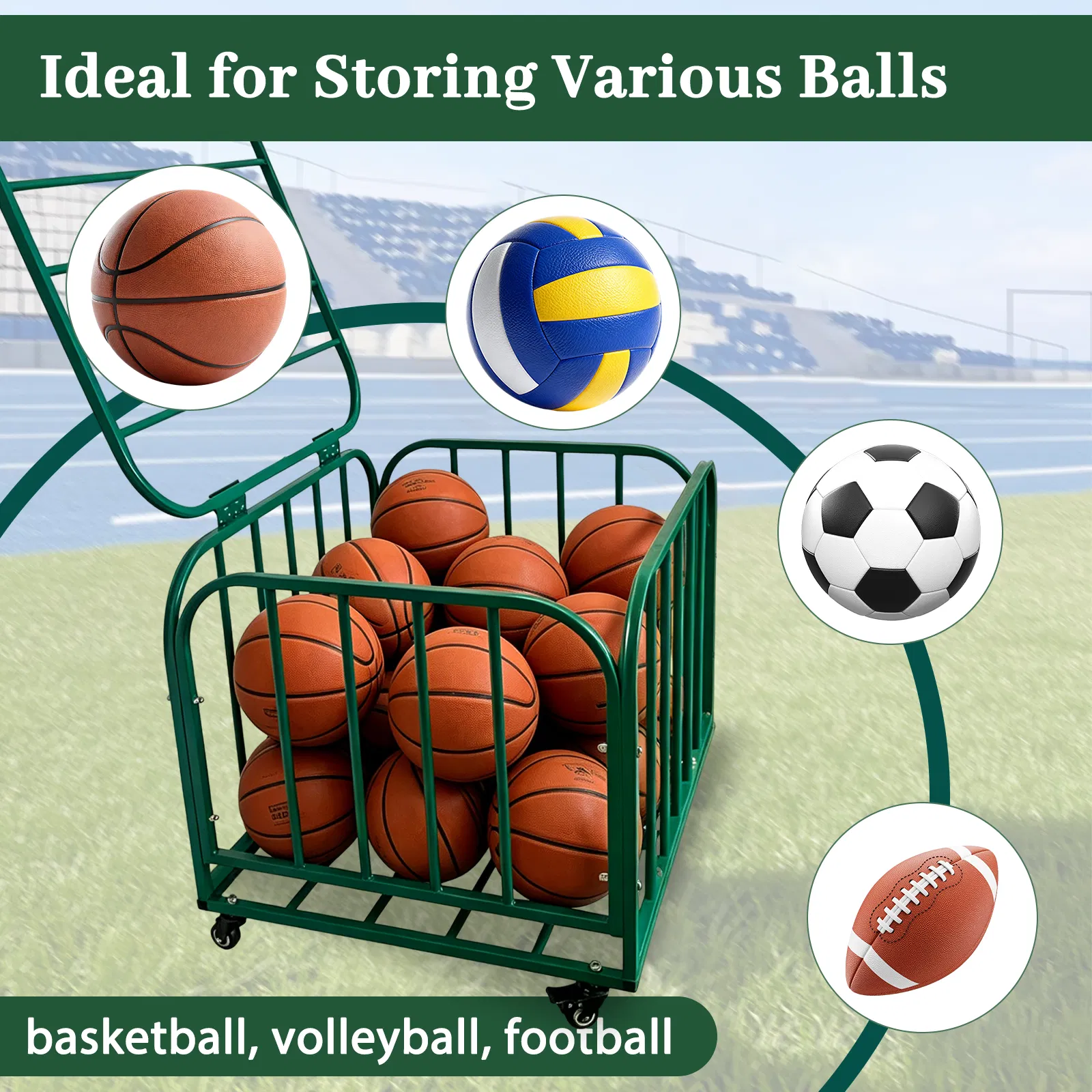 Ball Storage Cart, Basketball or Volleyball Storage Bin with Wheels, Basketball Holder Cage for Indoor and Outdoor, Gym, School, Club photo 4