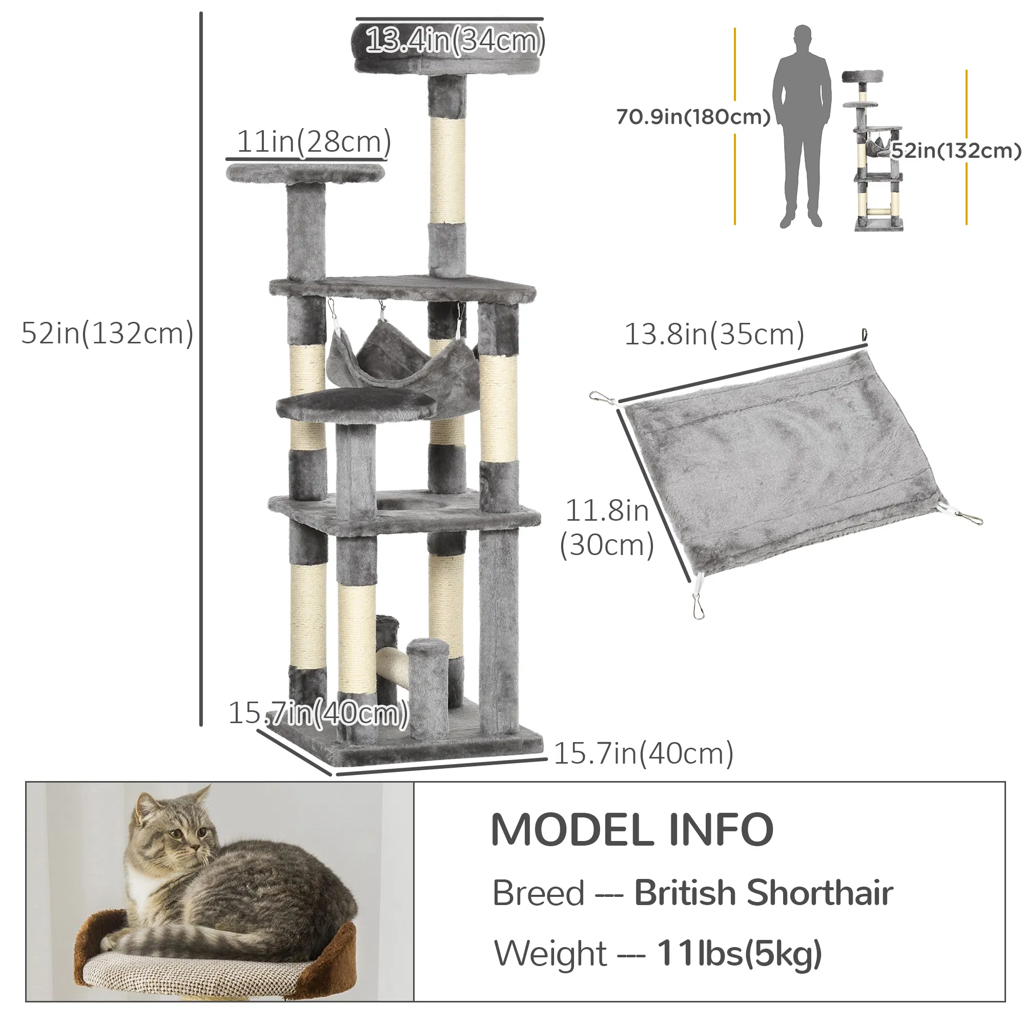 52" Multi-Level Cat Tree Tower, Kitten Scratcher Activity Center Play House with Hammock - Grey photo 4