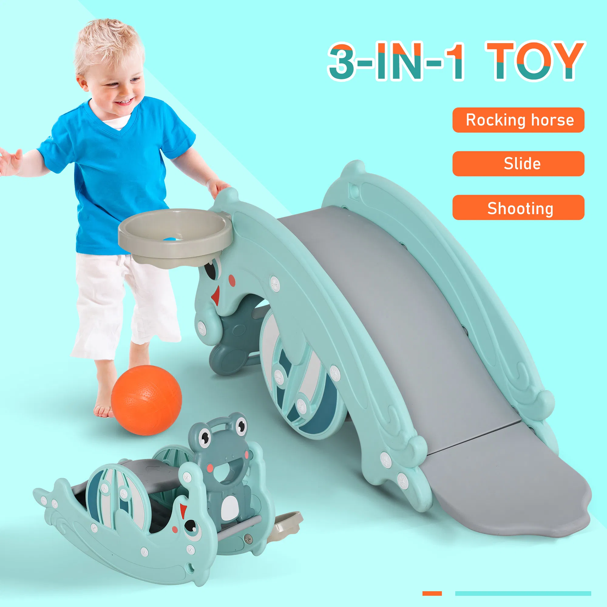 3-in-1 Kids Slide And Rocking Horse Dual-Use Children Activity Equipment Portable Slide Indoor Outdoor Playground Toy W/ Basketball Hoop Toddler Birthday Gift, Age 1.5-3, Green photo 4