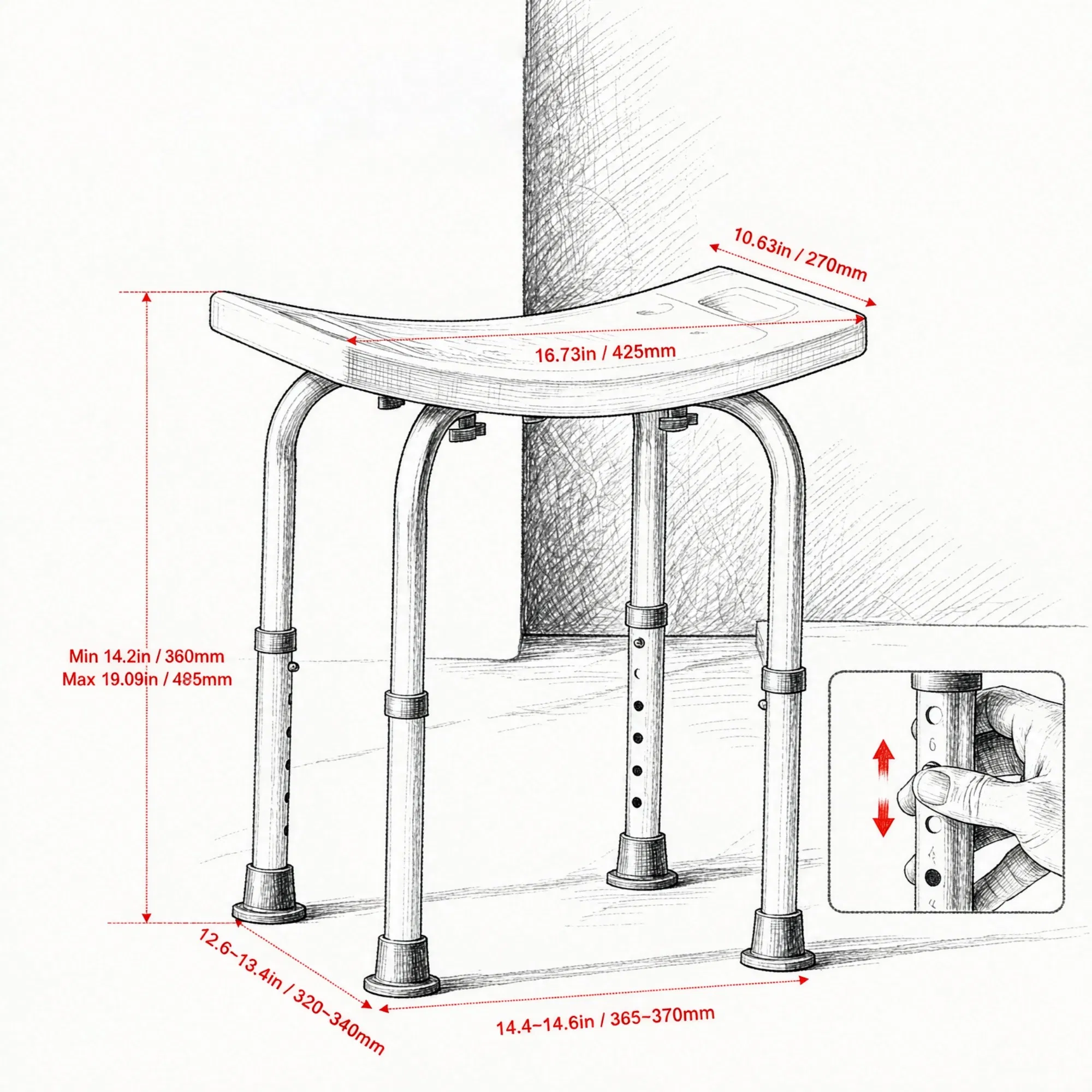 Shower Chair, Adjustable Height Shower Stool with Built-in Handles, Non-Slip Bath Bench Seat for Inside Shower or Tub, 350 lbs Capacity, for Elderly, Disabled & Handicap photo 3