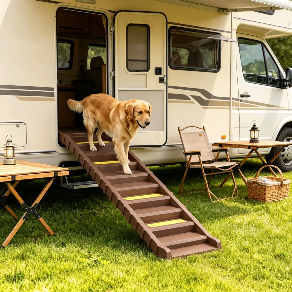 Brown Portable Dog Ramp Foldable Stairs for Medium Small Dogs to Get on Car Truck SUV photo 7