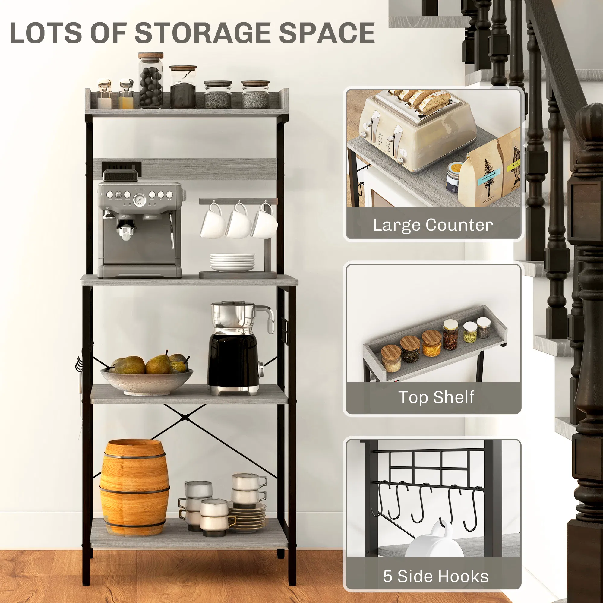 Kitchen Baker's Rack with Power Outlet, Coffee Bar Station with Adjustable Shelves and Hooks, Distressed Grey photo 6