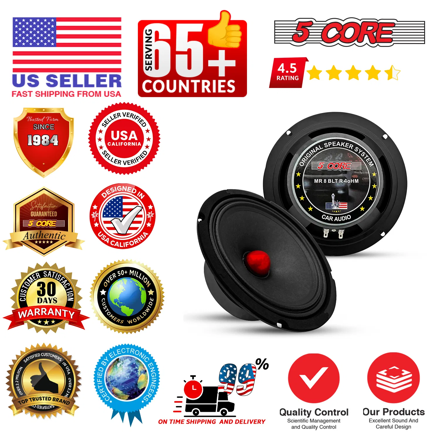 5Core 8 Inch Midrange Door Speaker 500W Subwoofer w Aluminum Bullet 4Ω/8Ω Sub Woofer photo 2