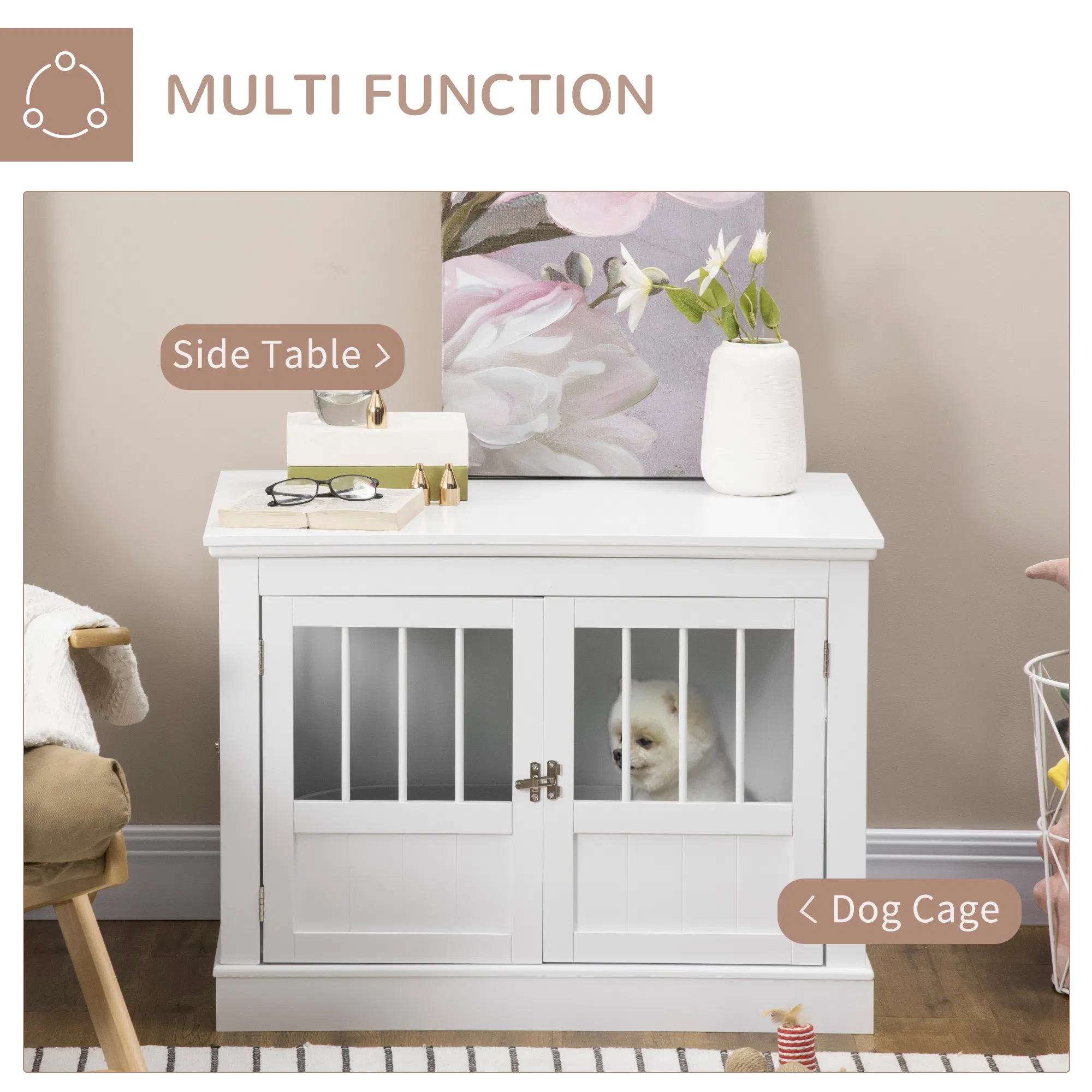 31" Dog Crate Furniture End Table with Three Doors for Small Dogs, White photo 5
