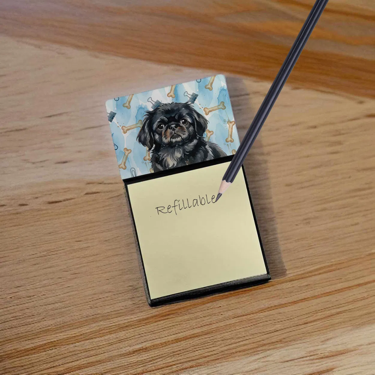 Black Pekingese Coworker Watercolor Sticky Note Holder Refillable Dispenser Desk Accessory 3x3 Pad Gift photo 3