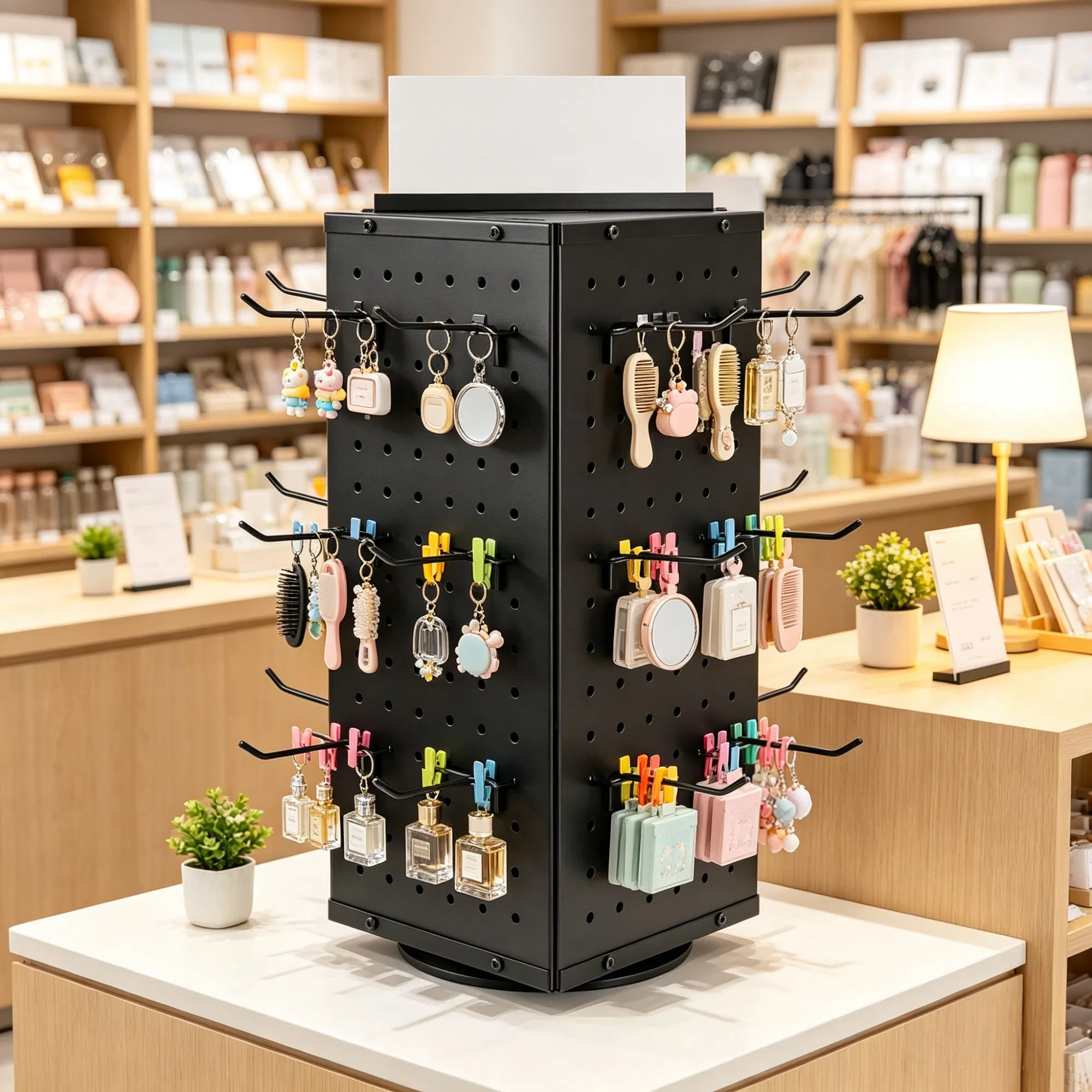 7.4 x 7.4 x 17 in Rotating Pegboard Display Stand, 4-Sided Spinning Retail Organizer with 24 Hooks for Grocery & Jewelry Shop photo 6