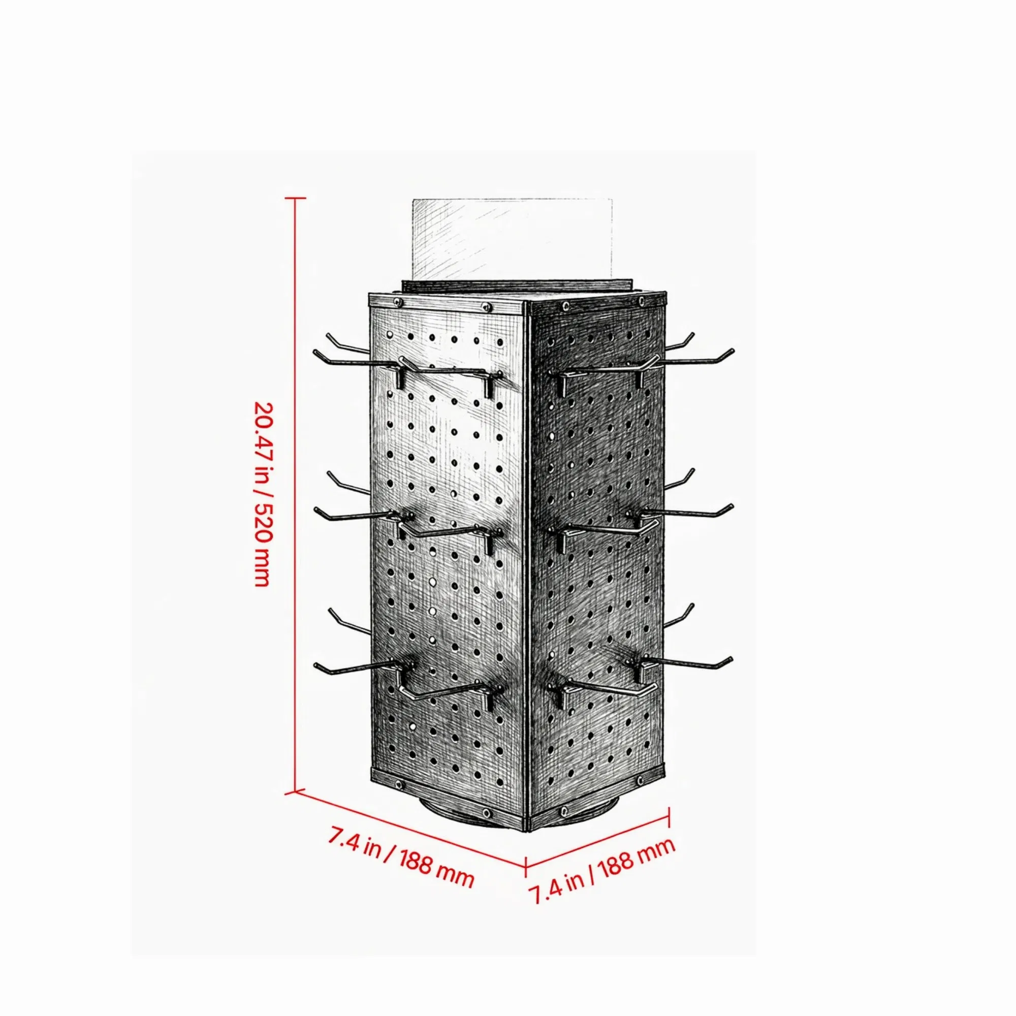 7.4 x 7.4 x 17 in Rotating Pegboard Display Stand, 4-Sided Spinning Retail Organizer with 24 Hooks for Grocery & Jewelry Shop photo 2