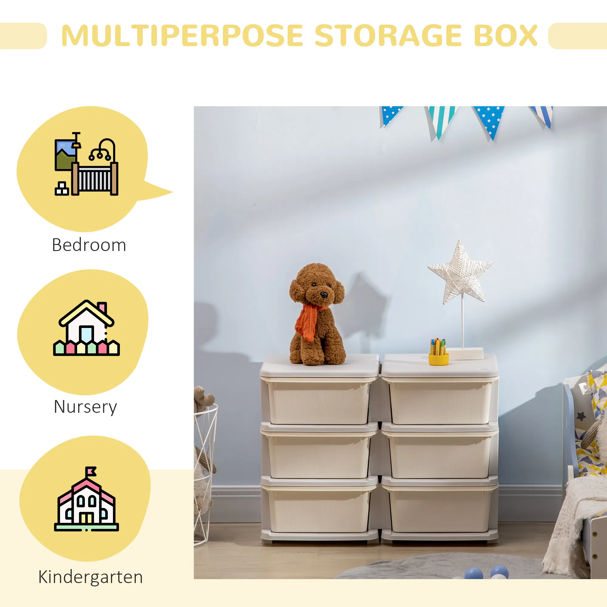 3 Tier Kids Toy Organizer and Storage Bins with 6 Plastic Drawers, Cream White photo 5