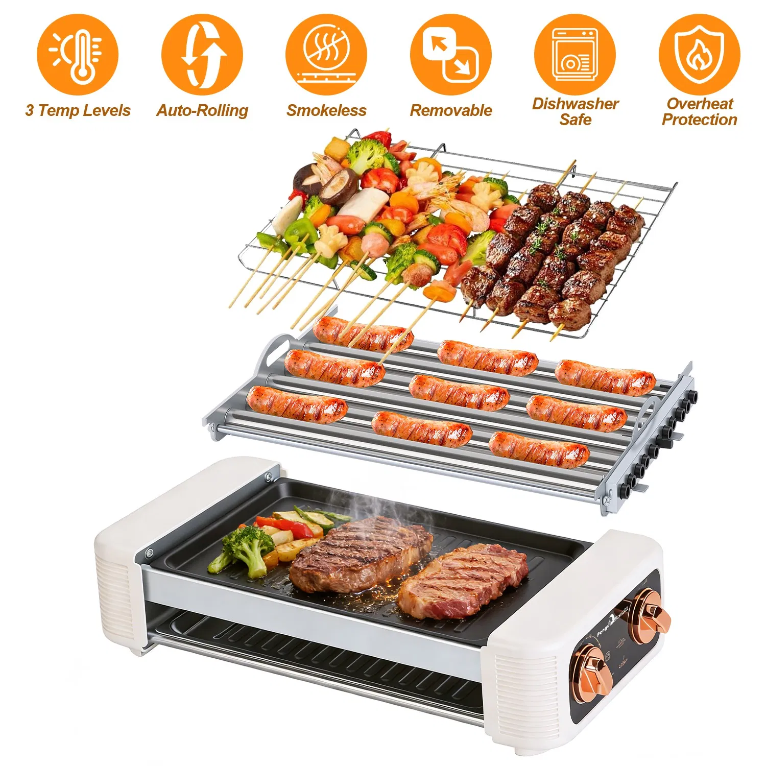 3 In 1 Electric Hot Dog Roller Machine with Grill & Griddle 6-Roller Hot Dog Cooker Smokeless Non-Stick Indoor Outdoor with 3 Temp Levels for BBQ Sausages Skewers Burgers Vegetables photo 1