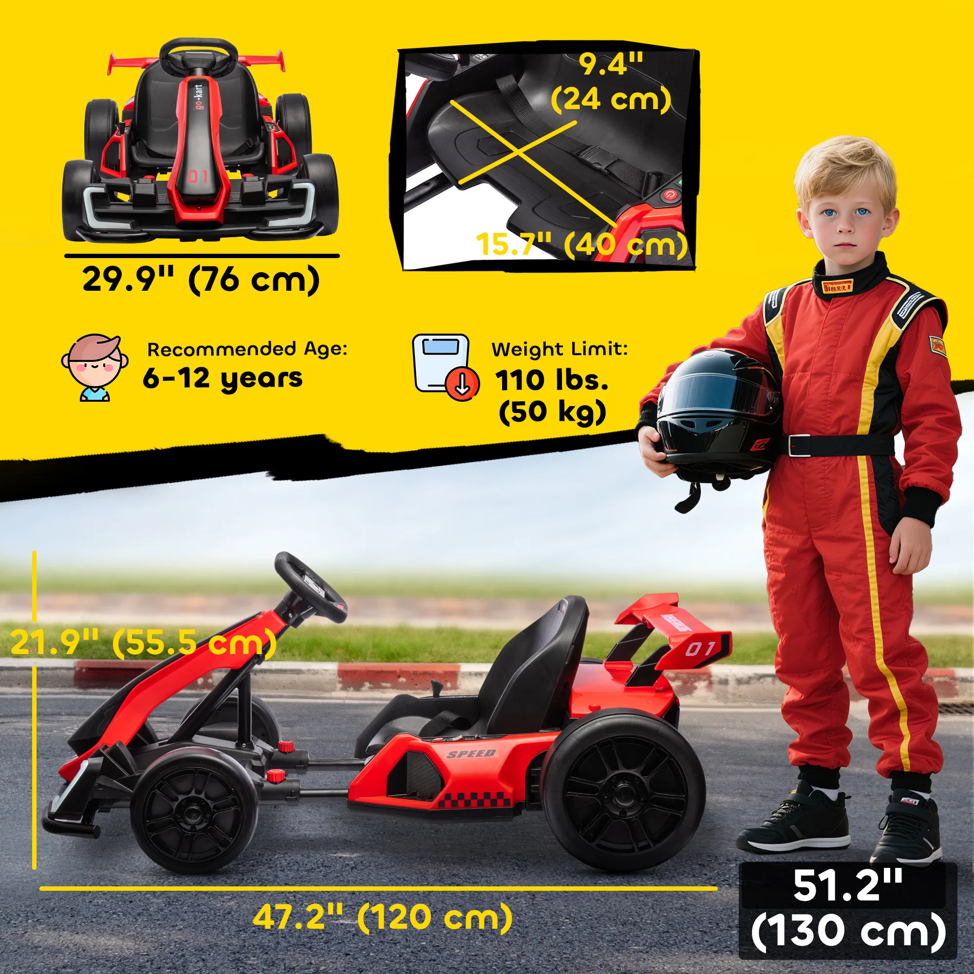 24V Electric Go Kart, Battery Powered Kids Drift Kart with Adjustable Seat, Seat Belt, Horn, Music, Light, Red photo 2