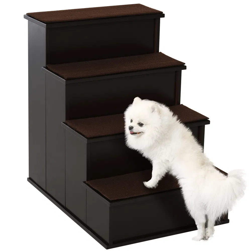 4 Levels Wooden Dog Steps Pet Stairs for High Bed, Cat Ladder for Bed Couch with Non-Slip Carpet, Dark Coffee photo 7