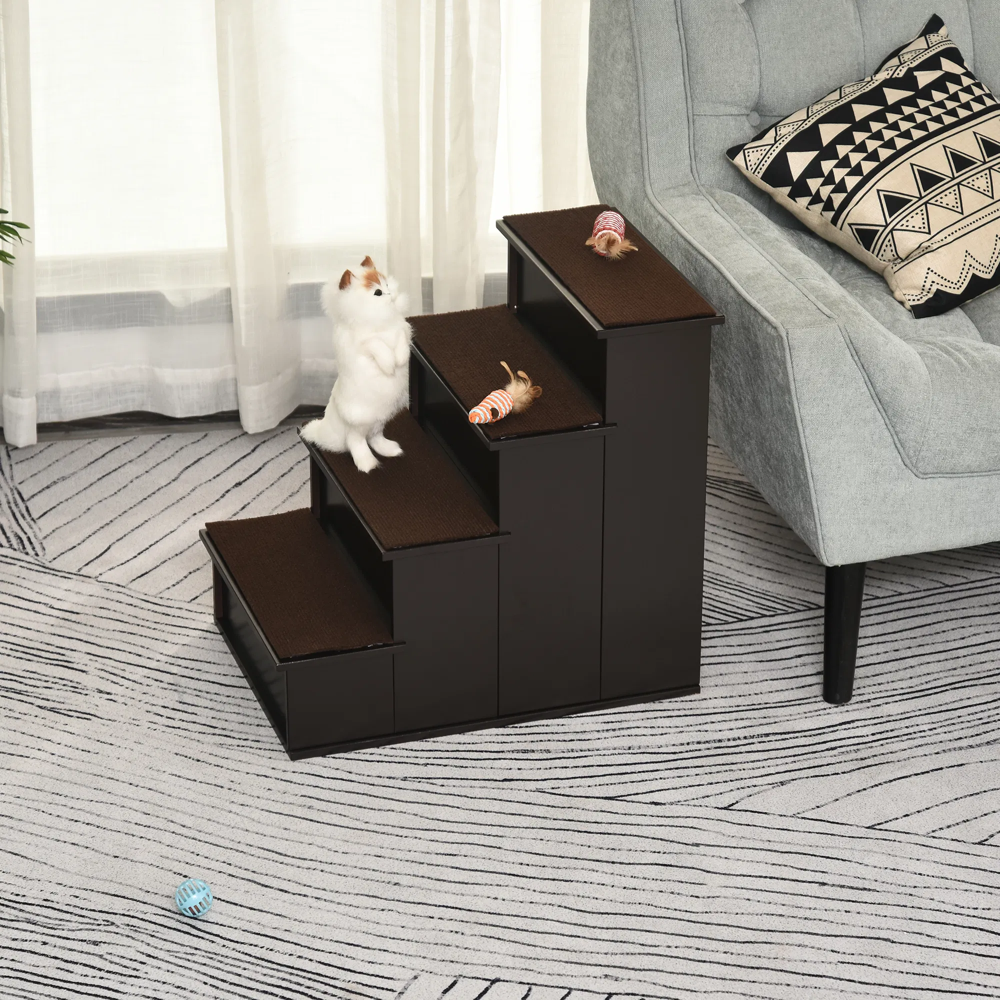 4 Levels Wooden Dog Steps Pet Stairs for High Bed, Cat Ladder for Bed Couch with Non-Slip Carpet, Dark Coffee photo 5
