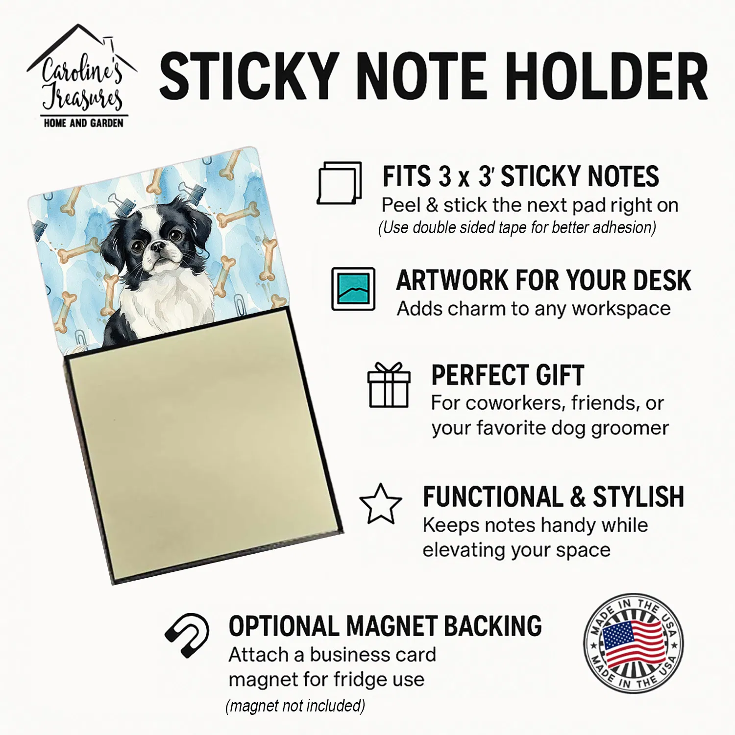Black and White Japanese Chin Coworker Watercolor Sticky Note Holder Refillable Dispenser Desk Accessory 3x3 Pad Gift photo 3