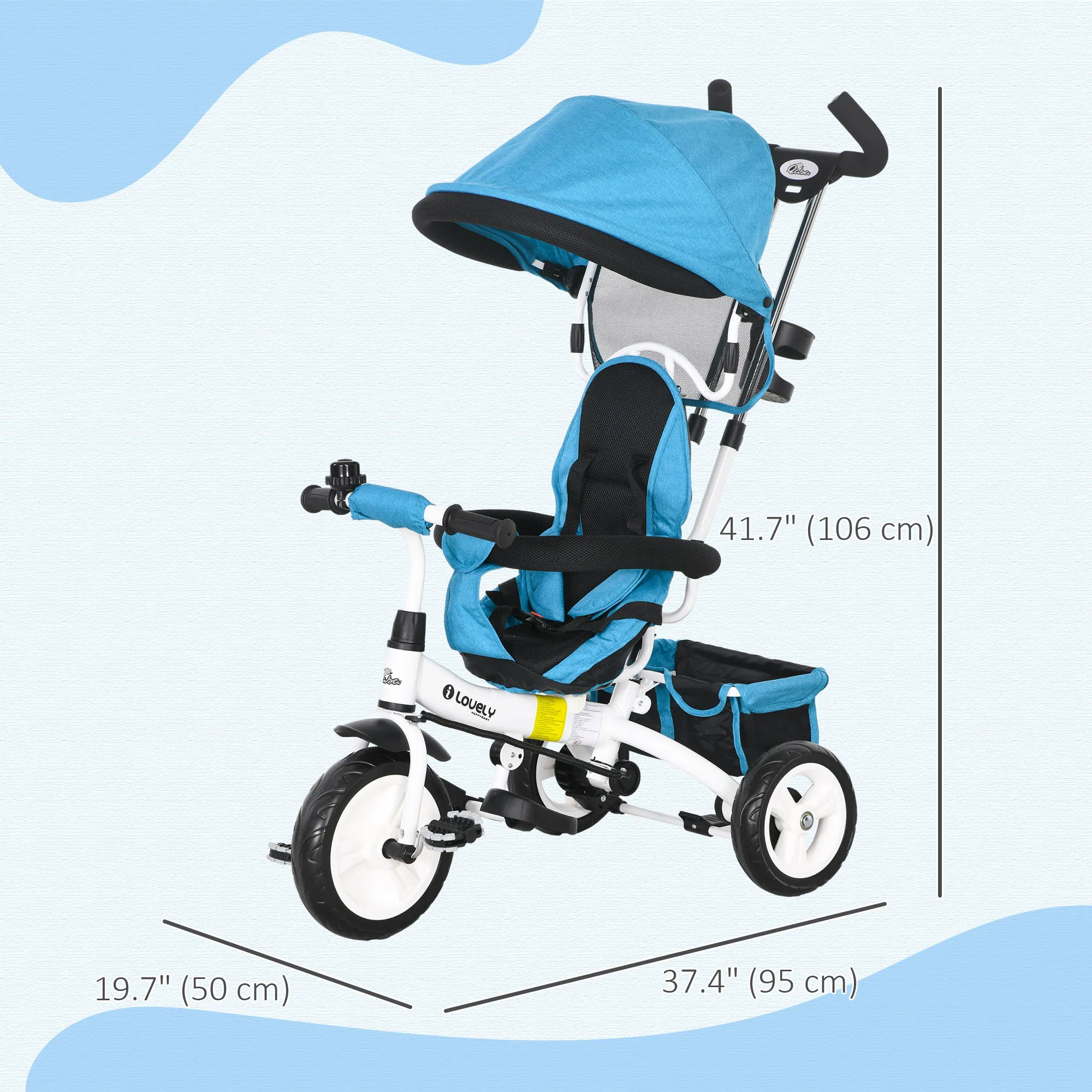 6 in 1 Toddler Tricycle Stroller with Basket, Canopy, 5-point Safety Harness, for 12-60 Months, Blue photo 3
