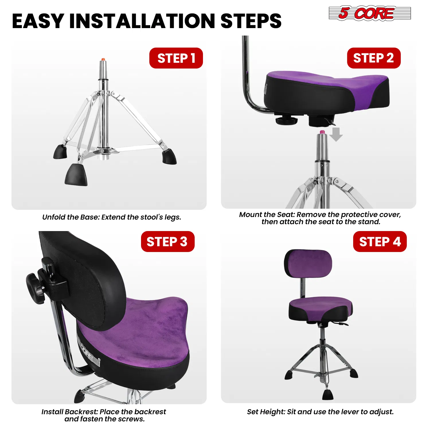 5 Core Drum Throne w Backrest 4" Padded Stool Airlift 25" Adjustable Drummer Stool 441Lb Capacity photo 8