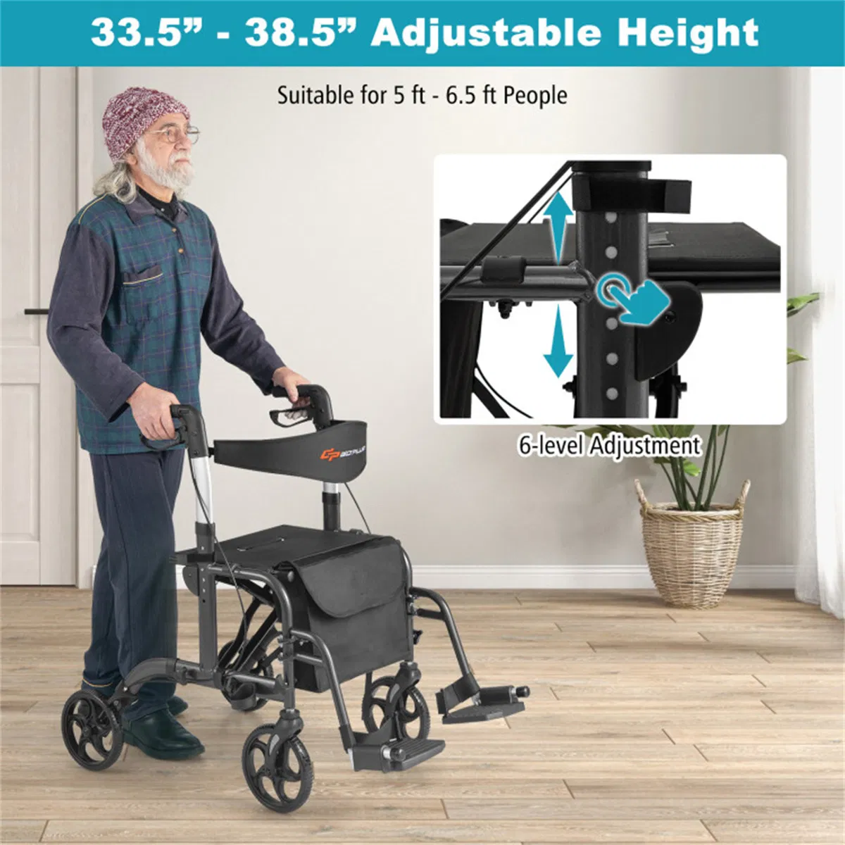 Foldable Rollator Walker with 8" Wheels Handbrake Storage Bag Cane Holder for Seniors & Rehabilitation Black photo 7