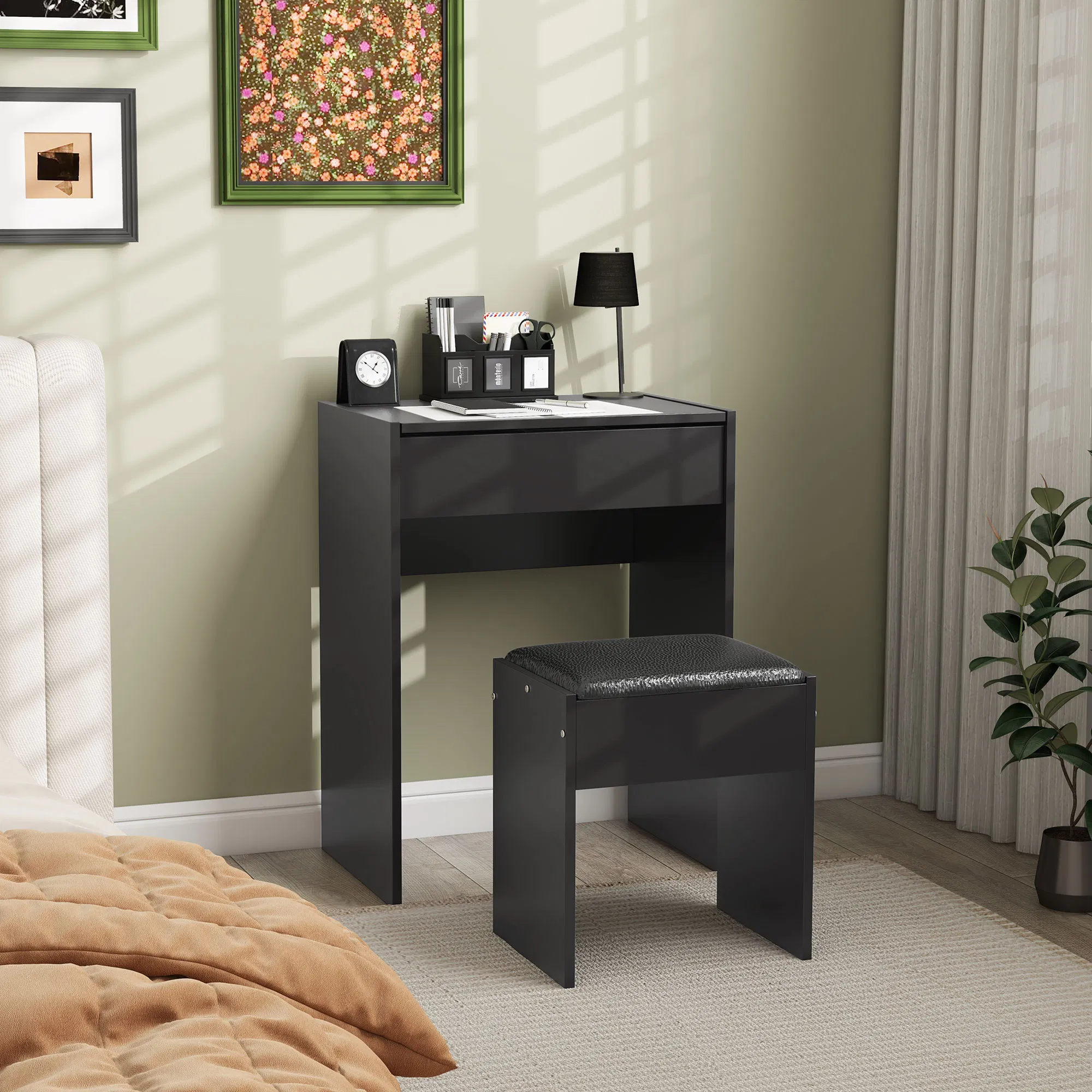 Modern Vanity Set with Makeup Table and Cushioned Stool, Dressing Table with Flip Top and Mirror for Bedroom, Black photo 6