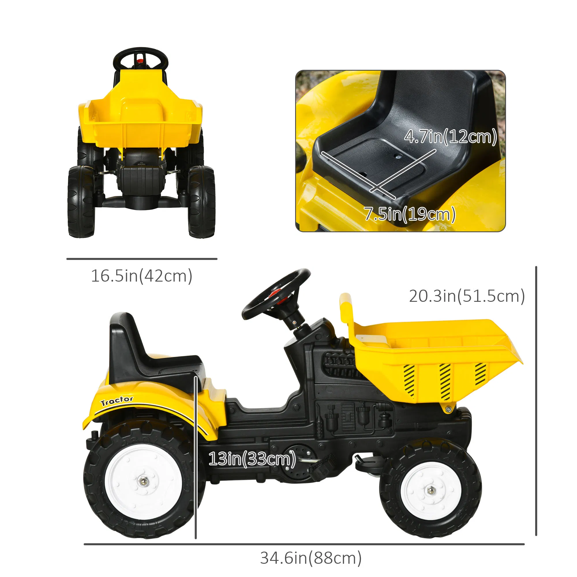 Ride on Tractor for Kids, Pedal Construction Car with Manual Control Bucket for 3 Year Old, Yellow photo 4