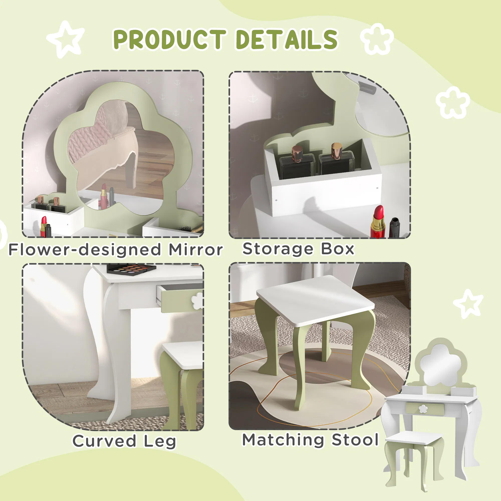 Kids Makeup Vanity Set with Stool, Mirror, Drawer, Storage Boxes, White photo 6