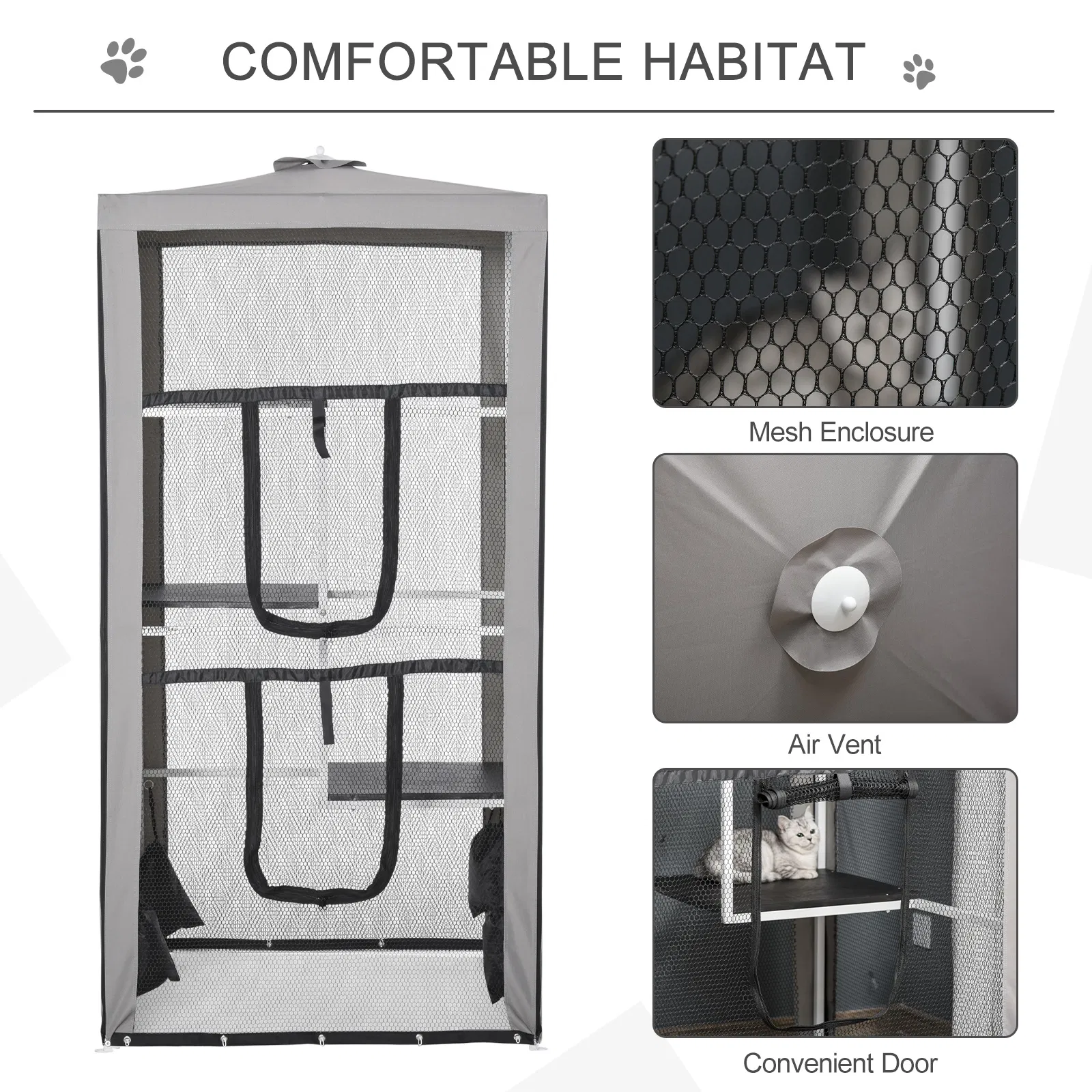 79" Cat Cage, Large Outdoor Kitten House, Indoor Cage Pet Kennel Playpen with 3 Platforms Door 4 Sandbags - Grey photo 6