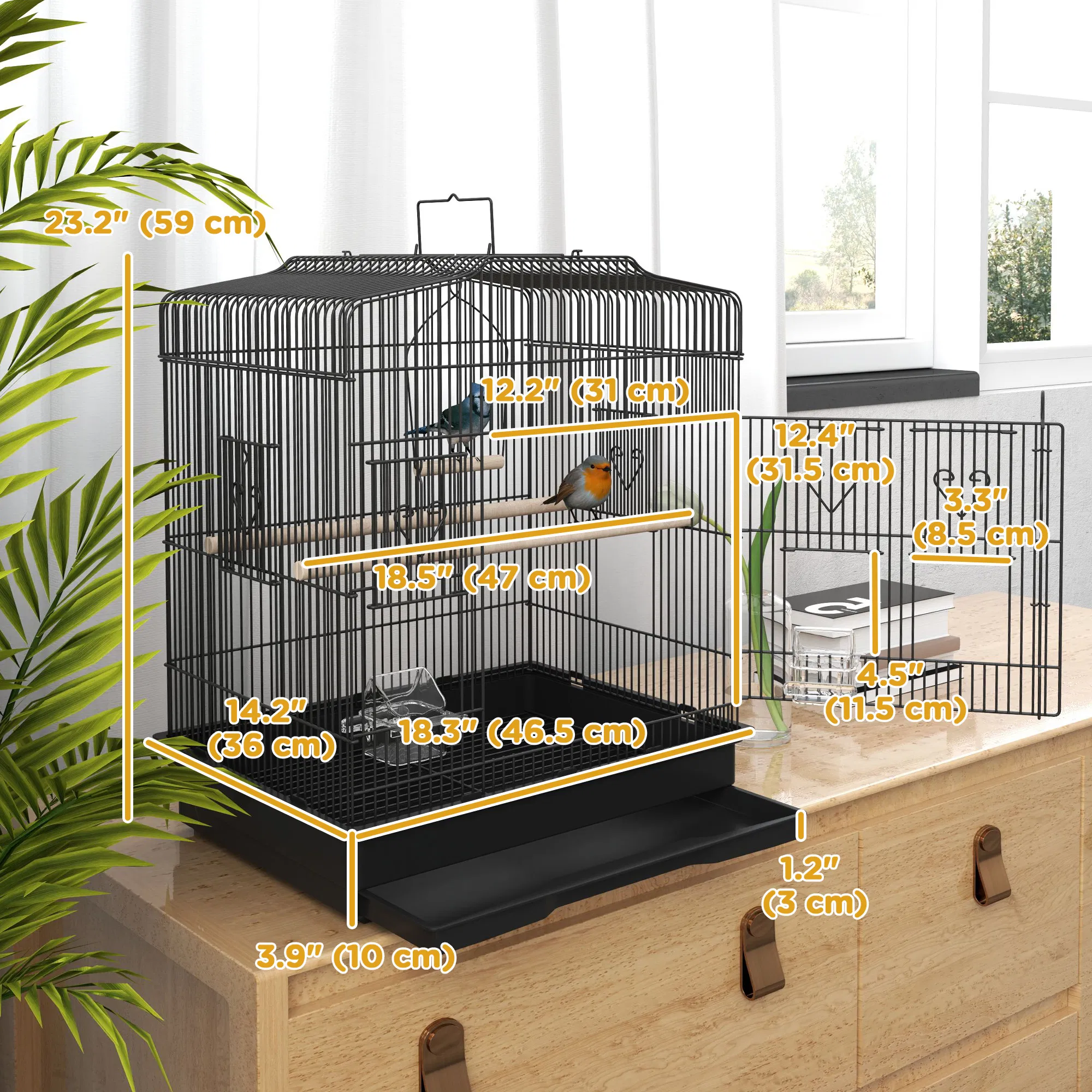 23" Bird Cage, Finches Canaries, Parrot Cage with Doors Perches, 2 Feeder Pet Supplies, Black photo 6