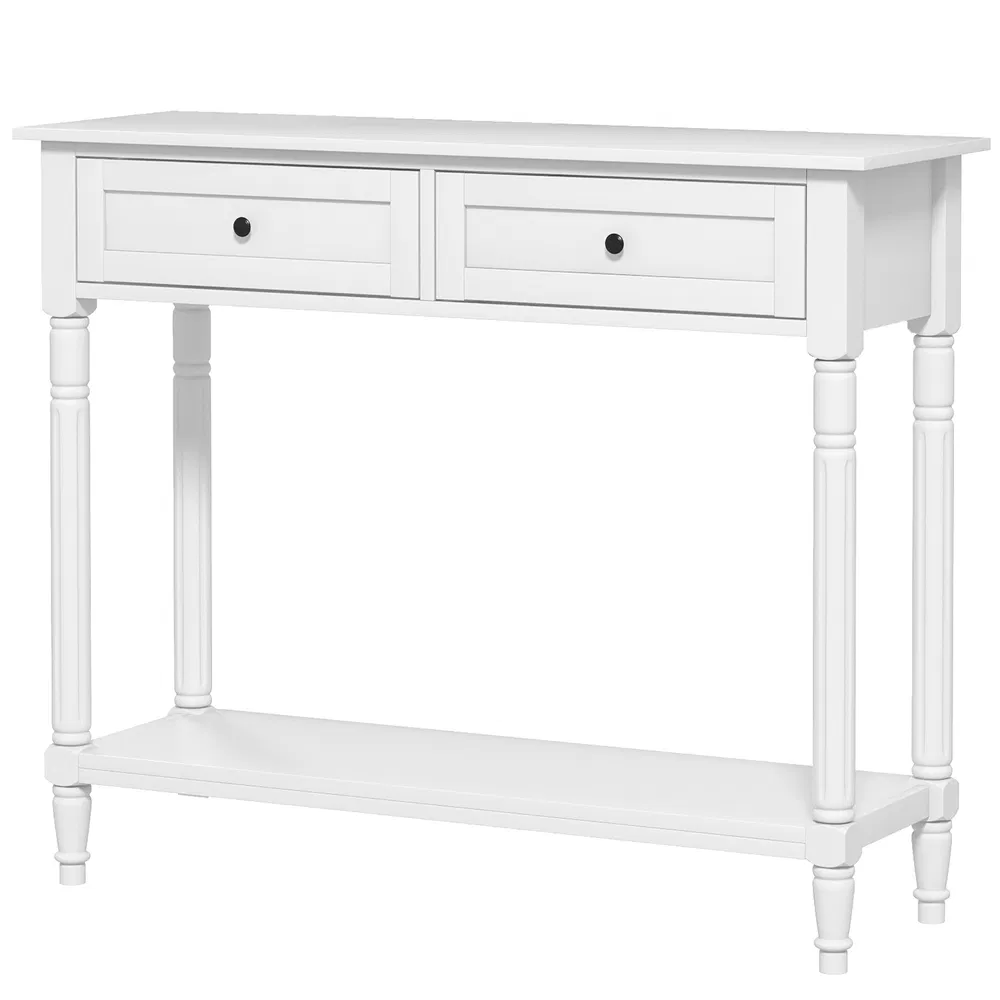 Hallway Console Table, Modern Entryway Table with 2 Drawers, Storage Shelf, Turned Legs for Living Room, Bedroom, White photo 2