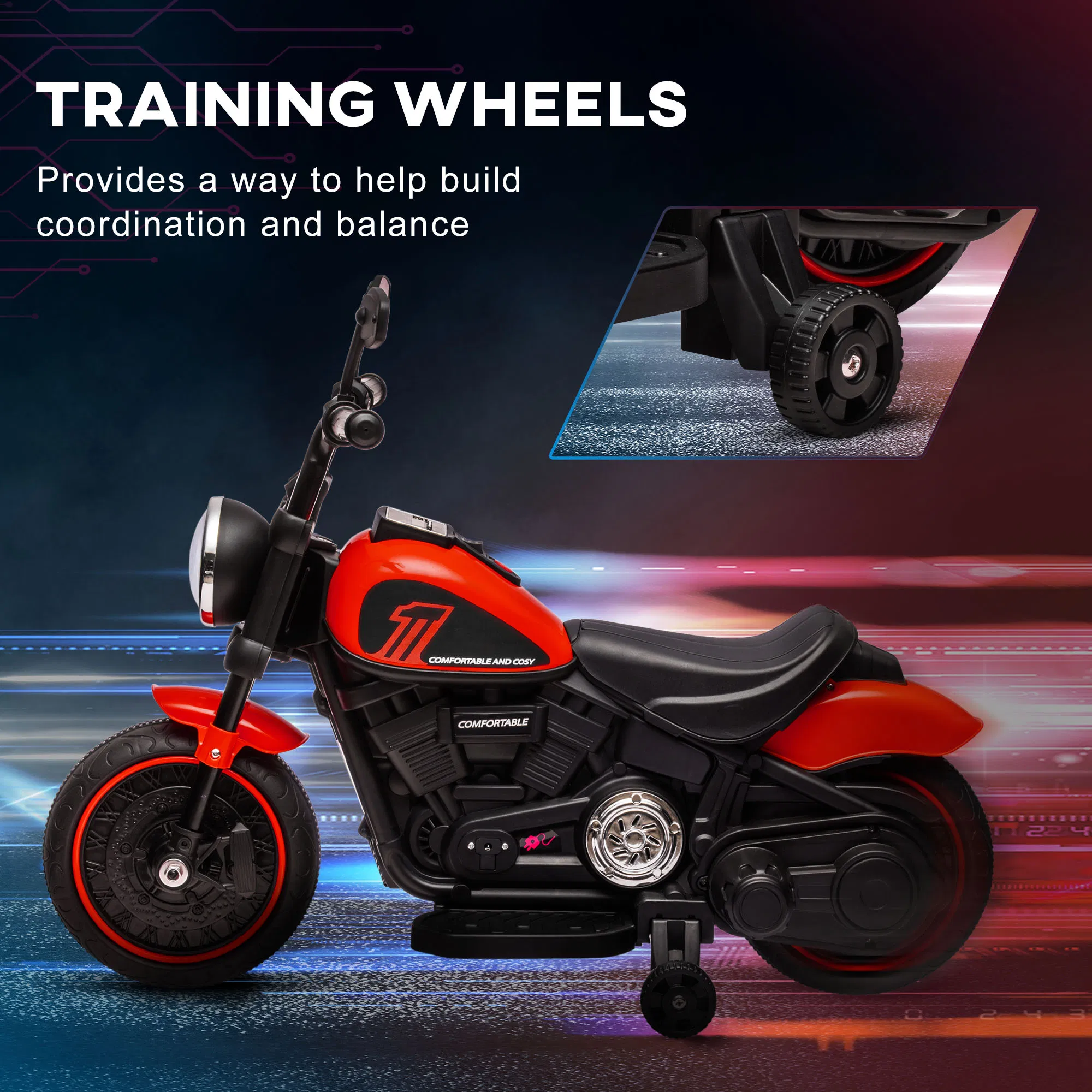 6V Kids Motorcycle with Training Wheels, Foot Pedal, Headlight, Music, Forward/Reverse, Single-Button Start, Red photo 4