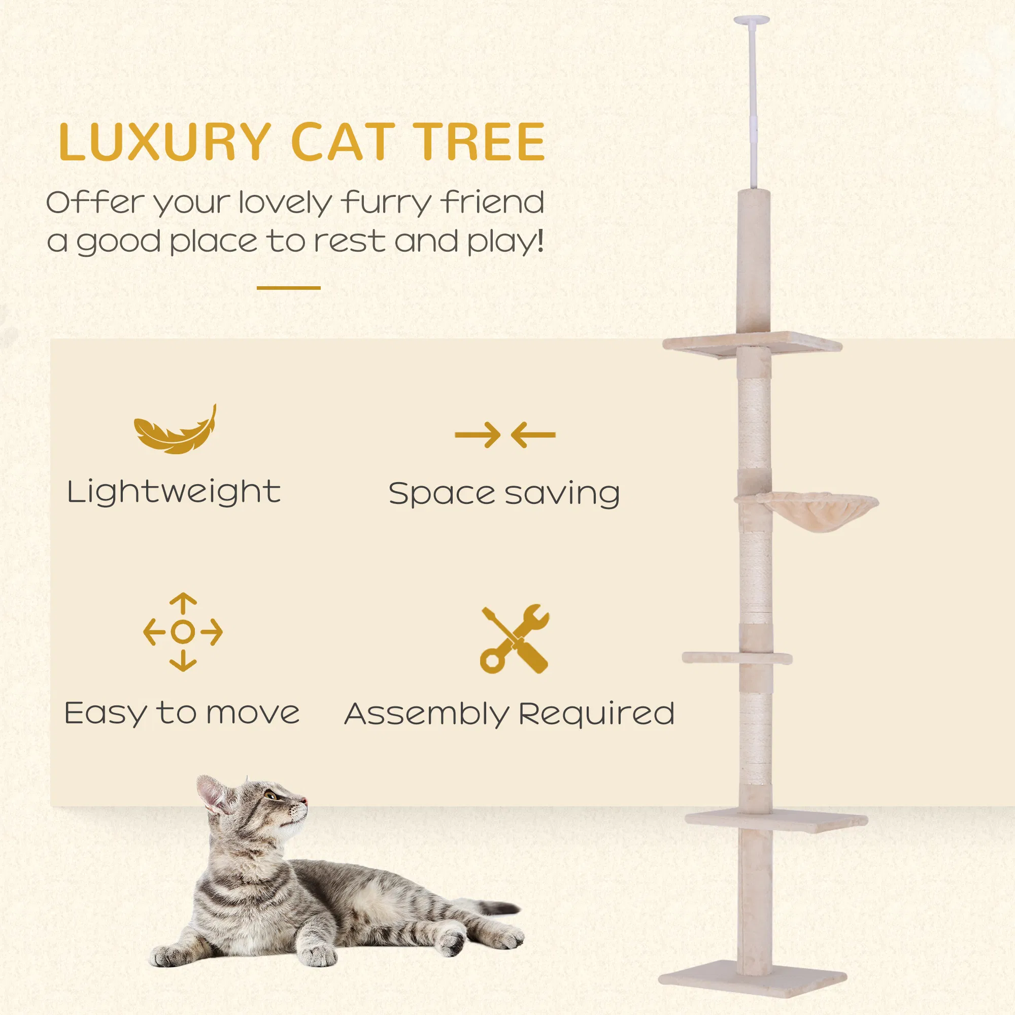 8.5ft Cat Climbing Tree 5-Tier Kitty Activity Center with Scratching Post Beige photo 2