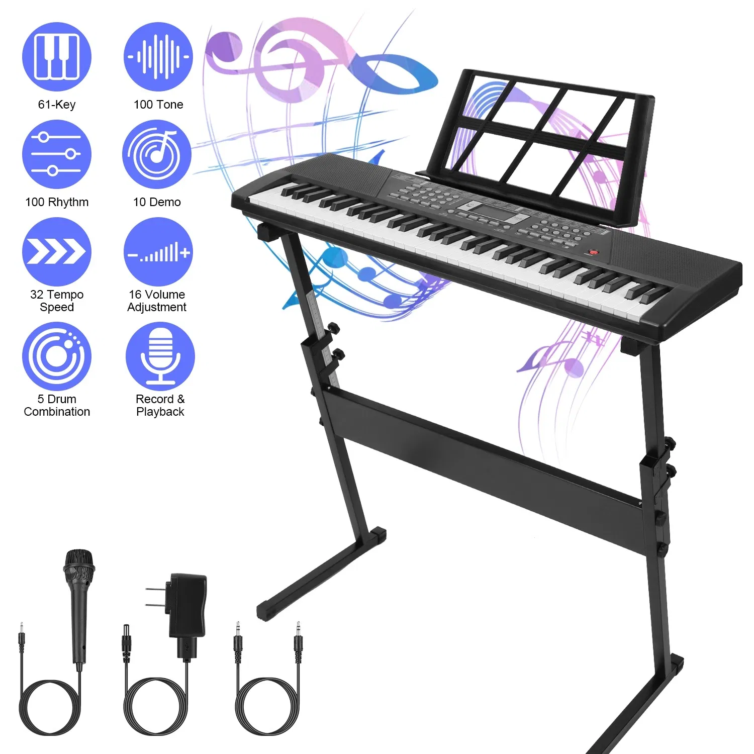 61-Key Multifunctional Piano Toy, 100 Tones & Rhythms with Microphone, Recording Function & Sheet Music Stand, Educational Keyboard for Kids Beginners photo 1