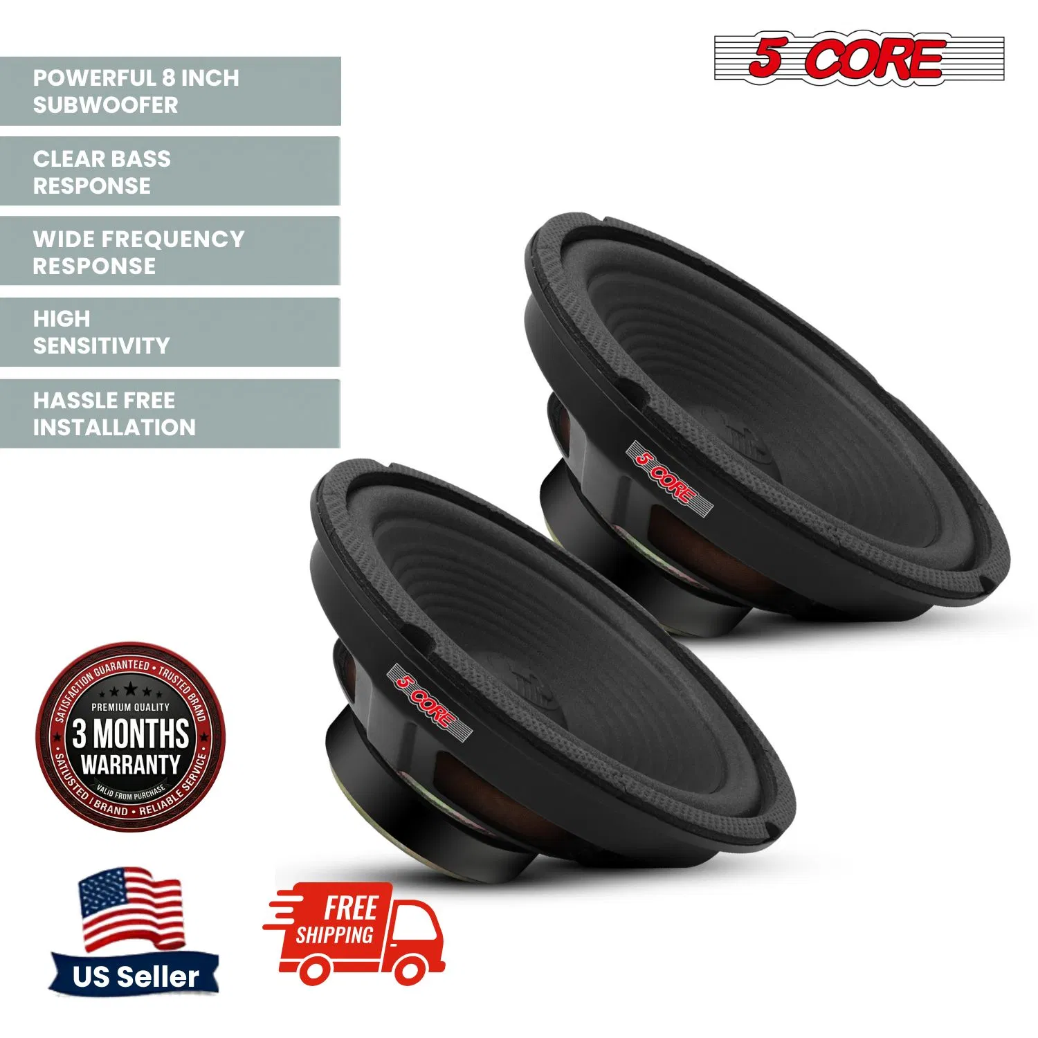 5 Core 8 Inch Car Subwoofer Speaker 4 Ohm Woofer Replacement Driver PAIR photo 5