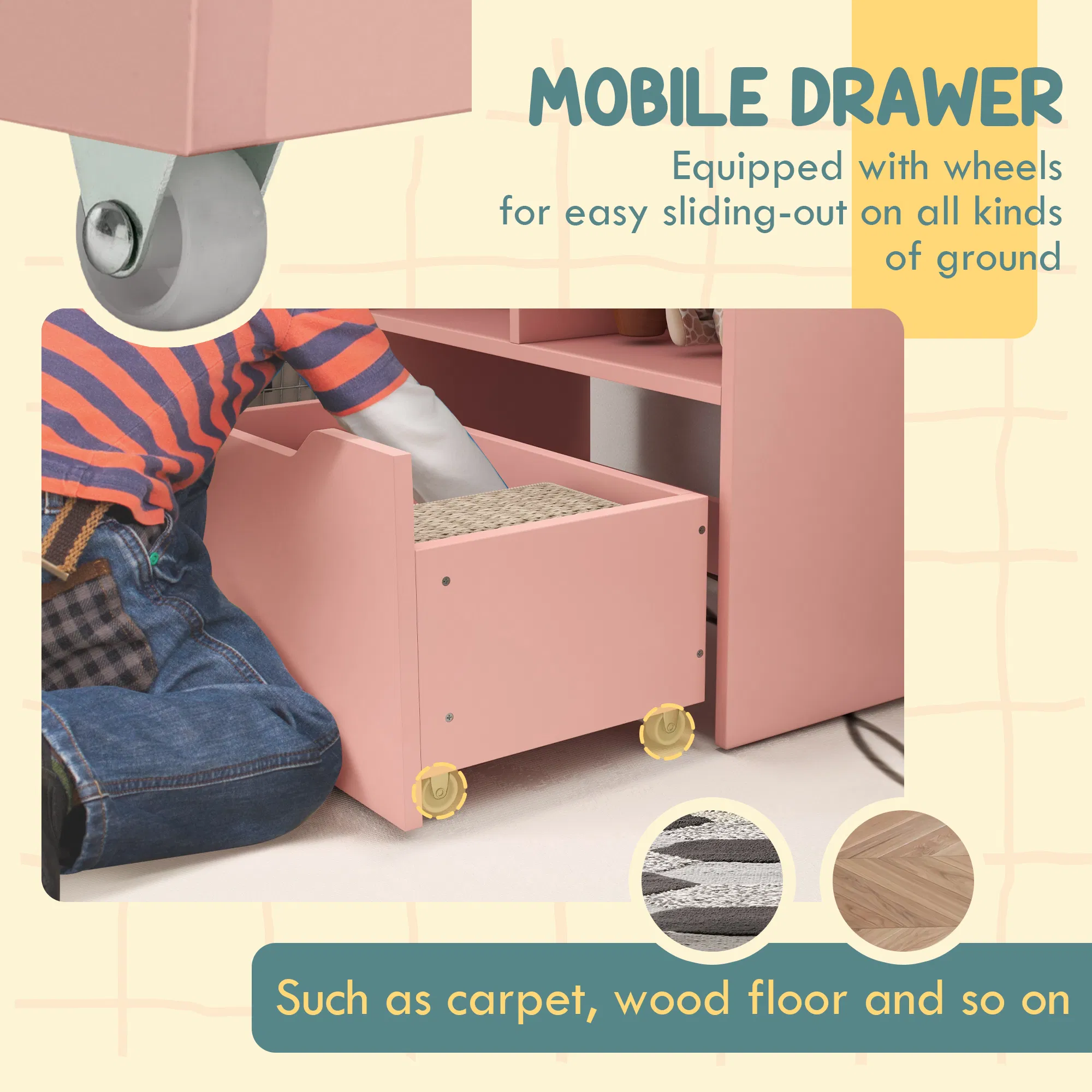 Kids Bookcase with Storage Drawer for Books, Reading Nook, for Classroom, Bedroom, Playroom, Pink photo 3