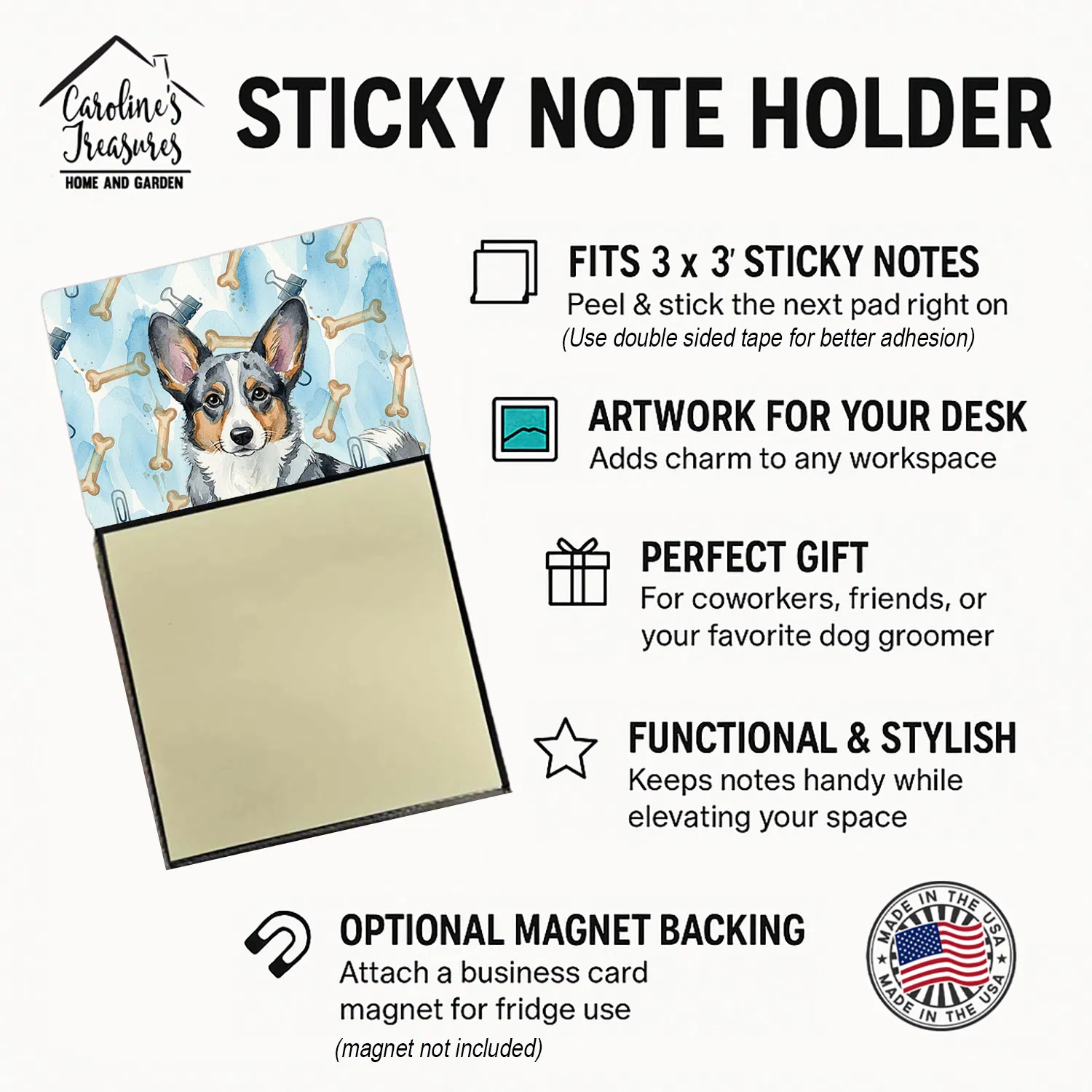 Blue Merle Cardigan Welsh Corgi Coworker Watercolor Sticky Note Holder Refillable Dispenser Desk Accessory 3x3 Pad Gift photo 2