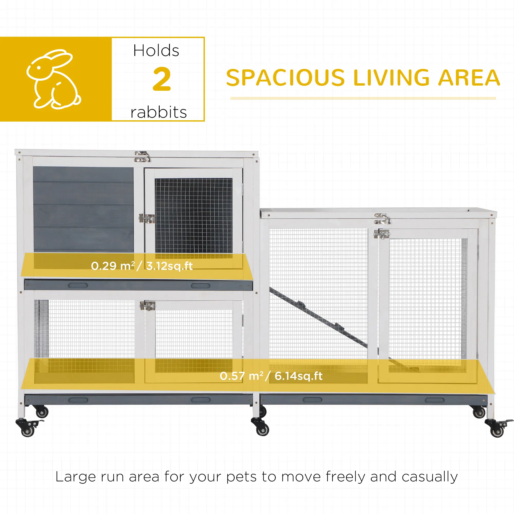 Wooden Rabbit Hutch Elevated Pet House Bunny Cage Small Animal Habitat with Slide-out Tray Lockable Door Openable Top for Indoor 58" x 18" x 35" Grey photo 5