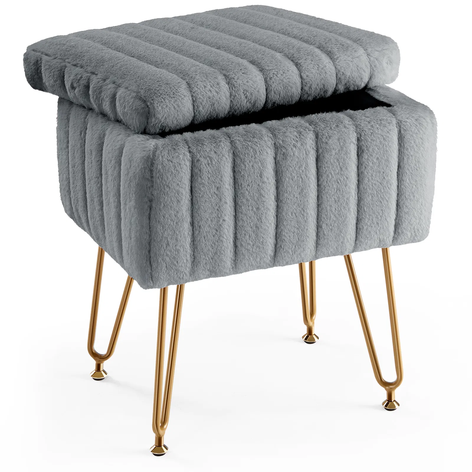 Vanity Stool Chair with Storage, Ottoman Faux Fur Soft Padded Makeup Footstools Seat with 4 Metal Legs Anti-Slip Adjustable Feet Modern photo 1