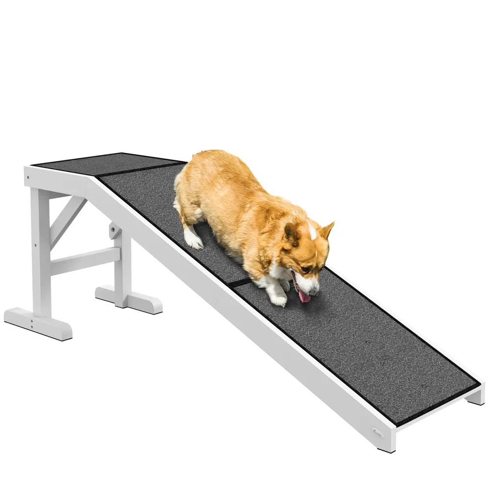 Pet Ramp Bed Steps for Dogs Cats Non-slip Carpet Top Platform Pine Wood 59"L x 16"W x 20"H White photo 7