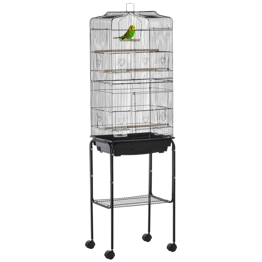 62" Rolling Bird Cage Cockatoo House Play Top Finch Pet Supply with Storage Shelf, Wheels - Black photo 7