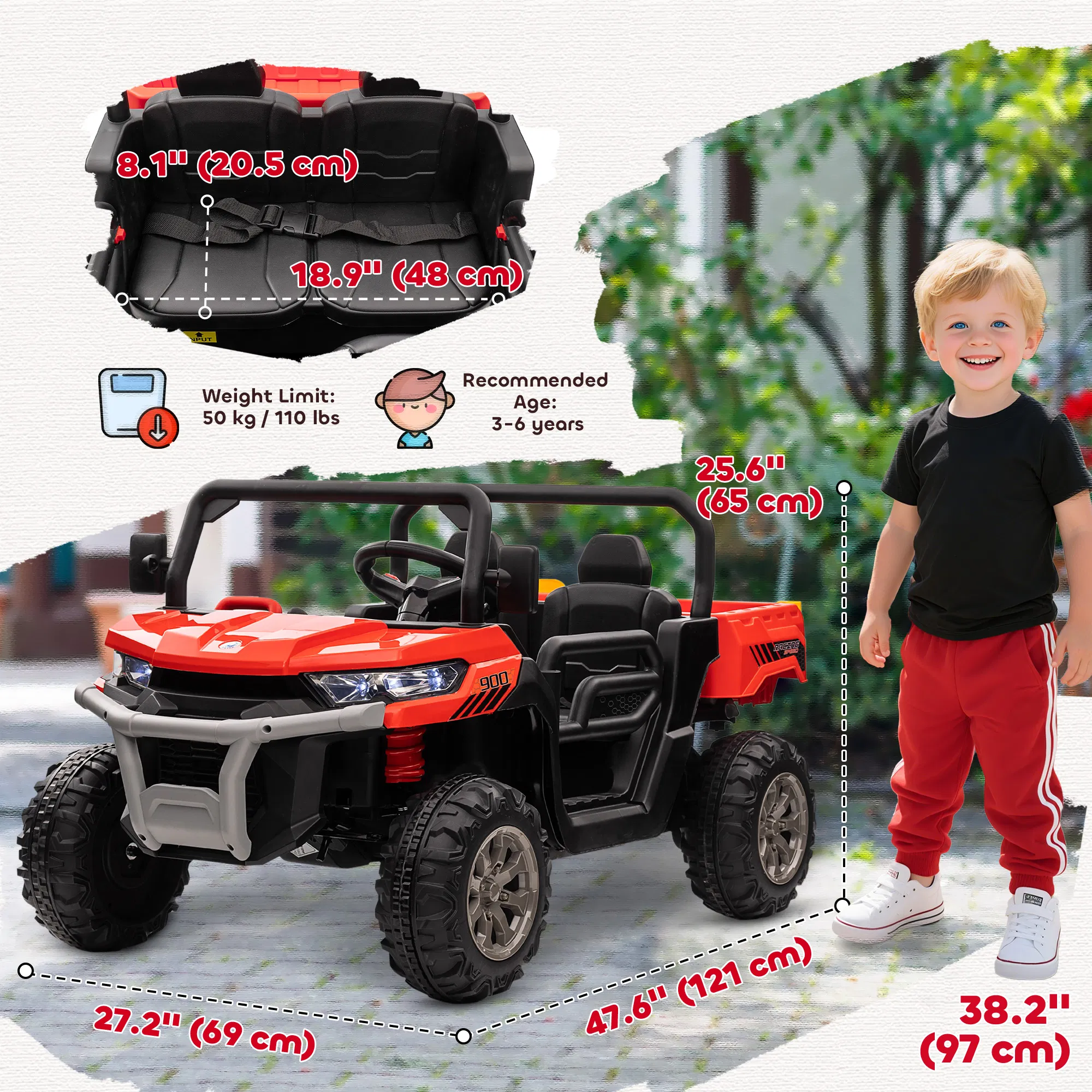 12V Ride on Car with Electric Bucket, Two-Seater, Shovel, Remote Control, Spring Suspension, Horn, Music, Red photo 2