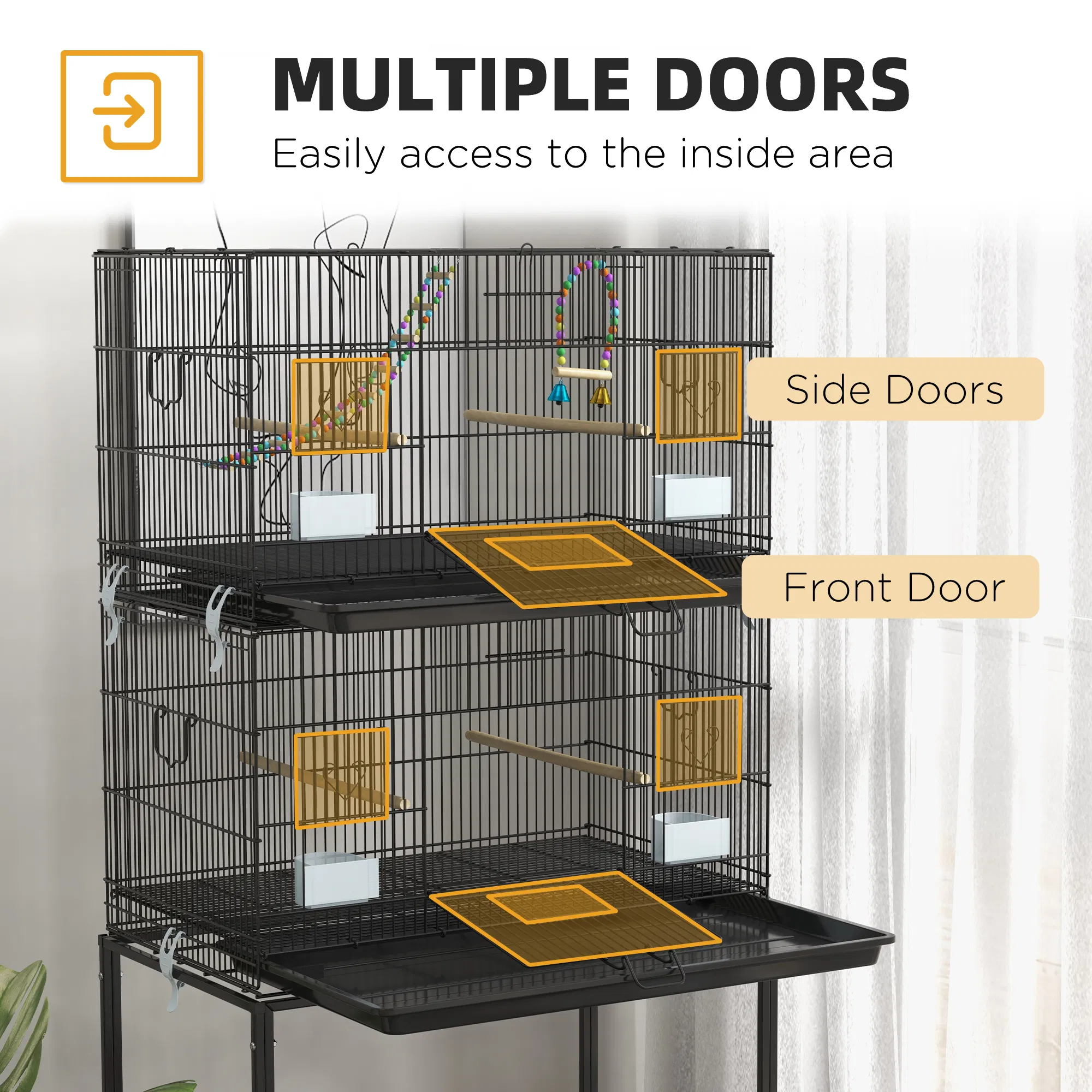 65" Birdcage for Canaries, Lovebirds Finches, Budgie Cage with Wheels, Black photo 2